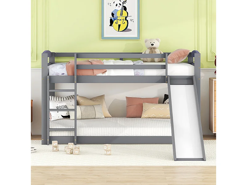 Kinderstapelbed 90x200cm met bodem - valbeveiliging en glijbaan - hout - grijs (zonder matras)