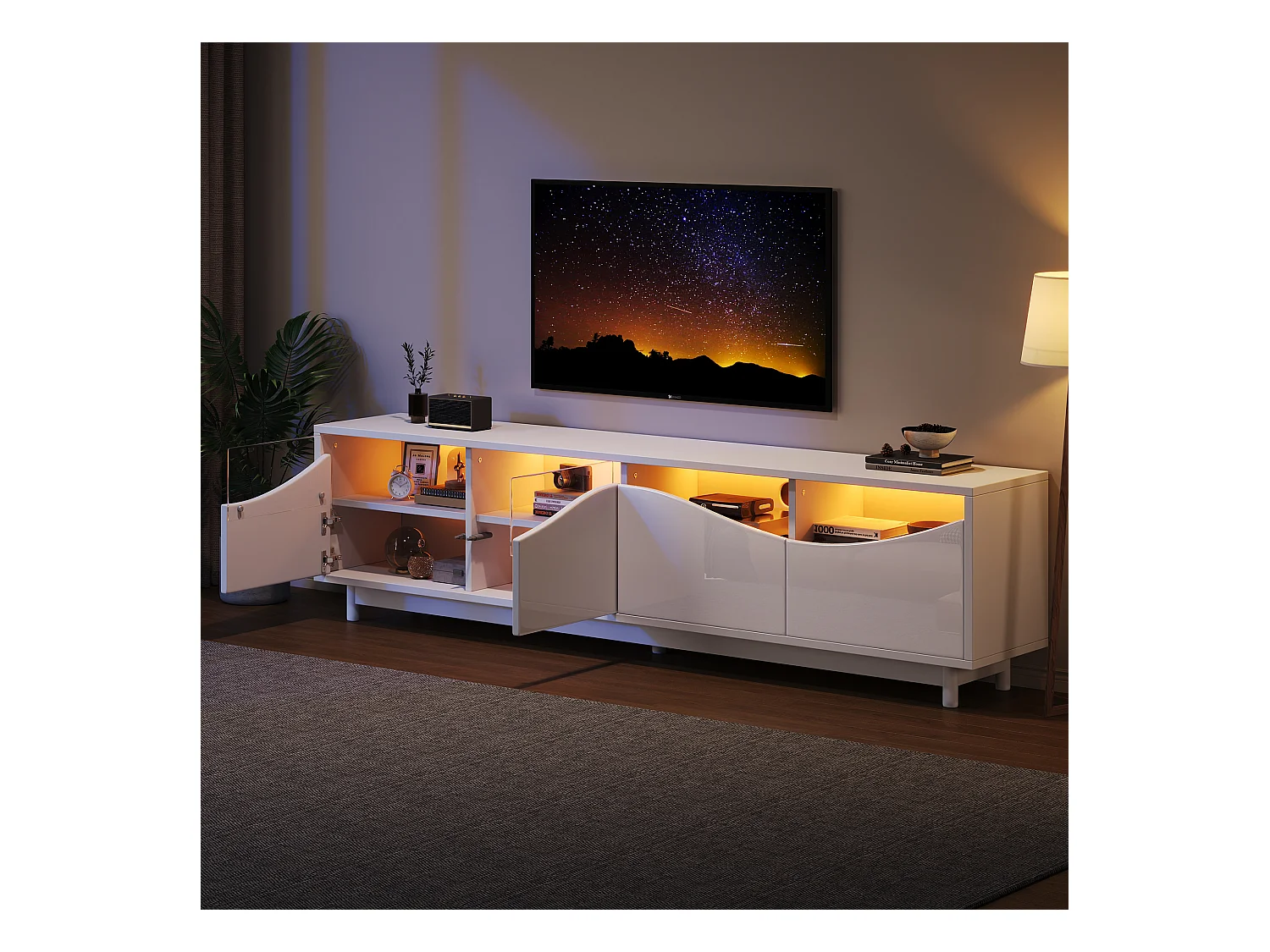 Meuble TV LED bois 4 portes en verre décoratif -meuble de rangement - blanc (175x38x51.2 cm)