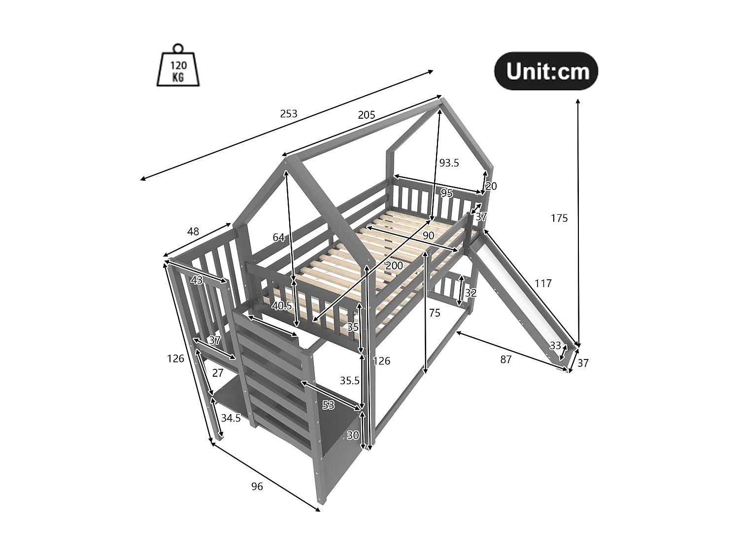 Lit superposé 90x200 cm avec protection anti-chute - éhelle et toboggan - bois - blanc (sans matelas)