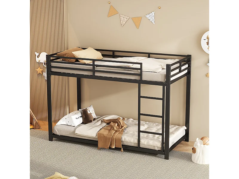 Kinderstapelbed 90x200cm met lattenbodem - valbeveiliging en ladder - metaal - zwart (zonder matras)