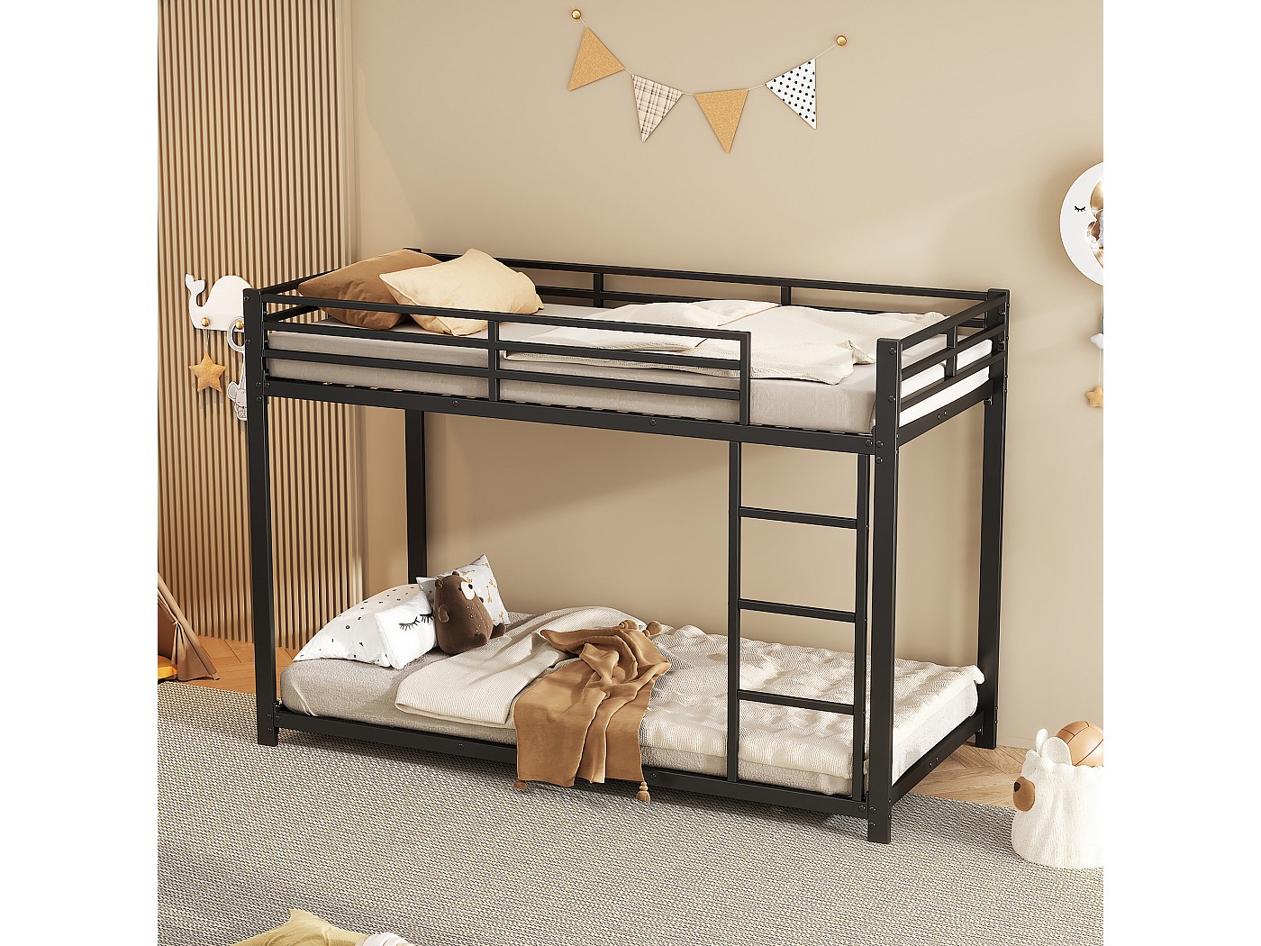 Lit Superposé Métal Noir - 2x90 Cm, Avec Tête De Lit, Servi 3 Mois, TB état