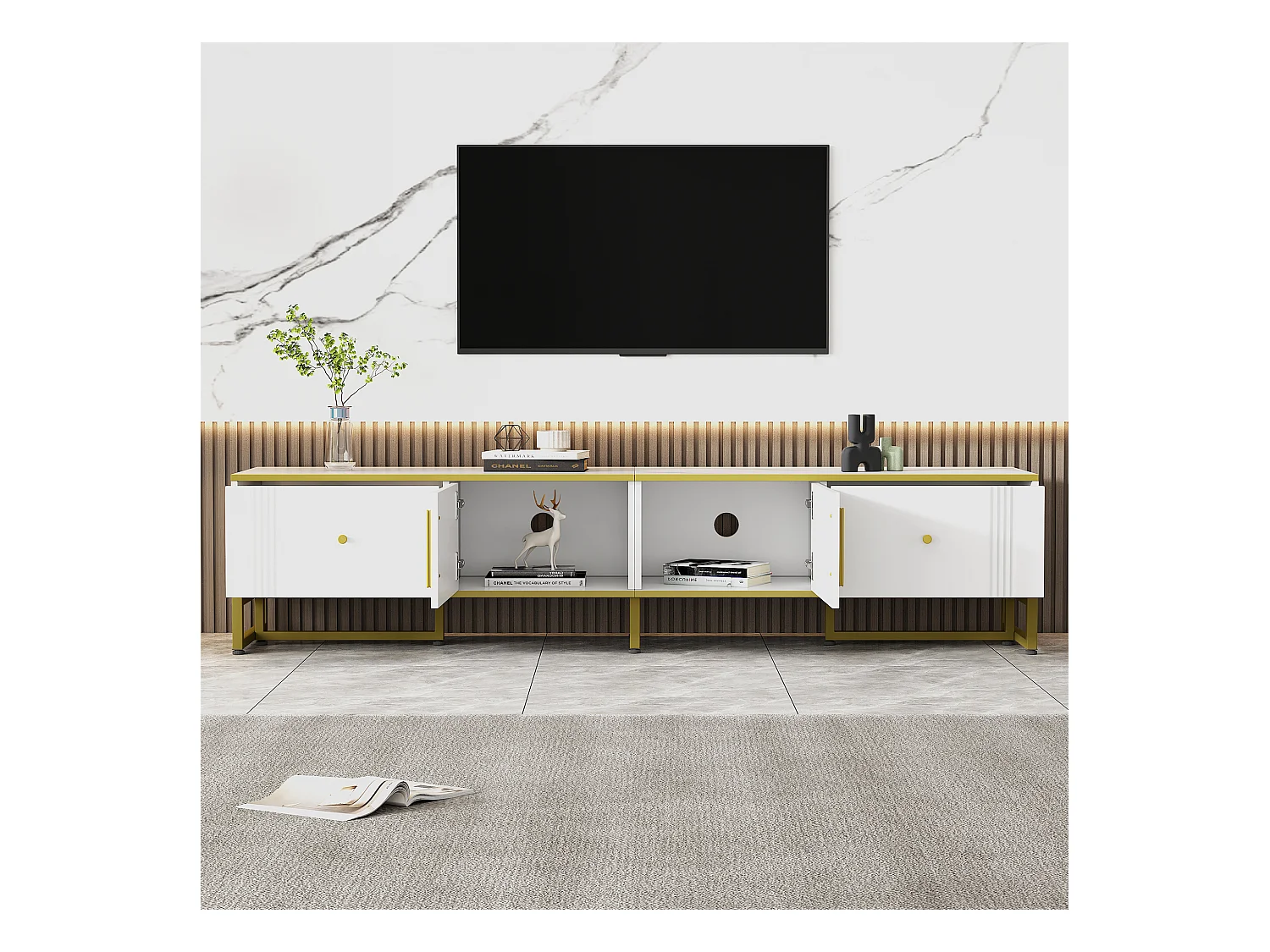 Meuble TV 180x40x40 cm avec 2 portes 2 tiroirs meuble de rangement en bois - pieds réglables en métal - blanc