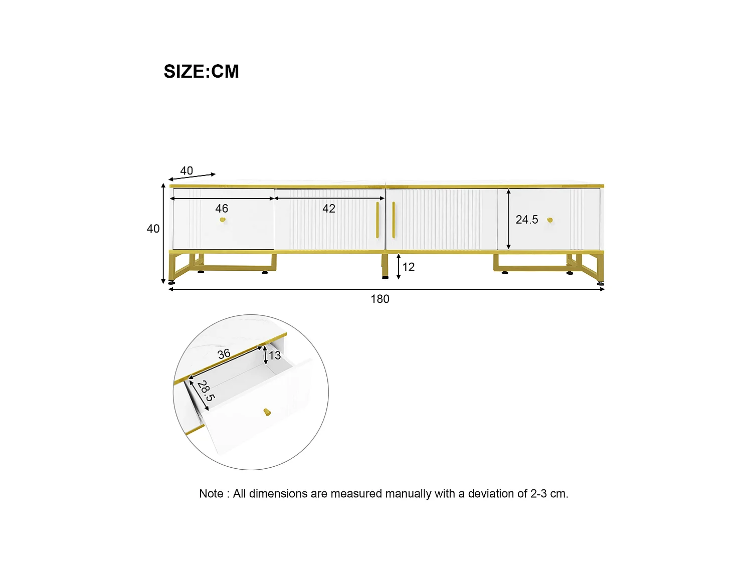 Meuble TV 180x40x40 cm avec 2 portes 2 tiroirs meuble de rangement en bois - pieds réglables en métal - blanc