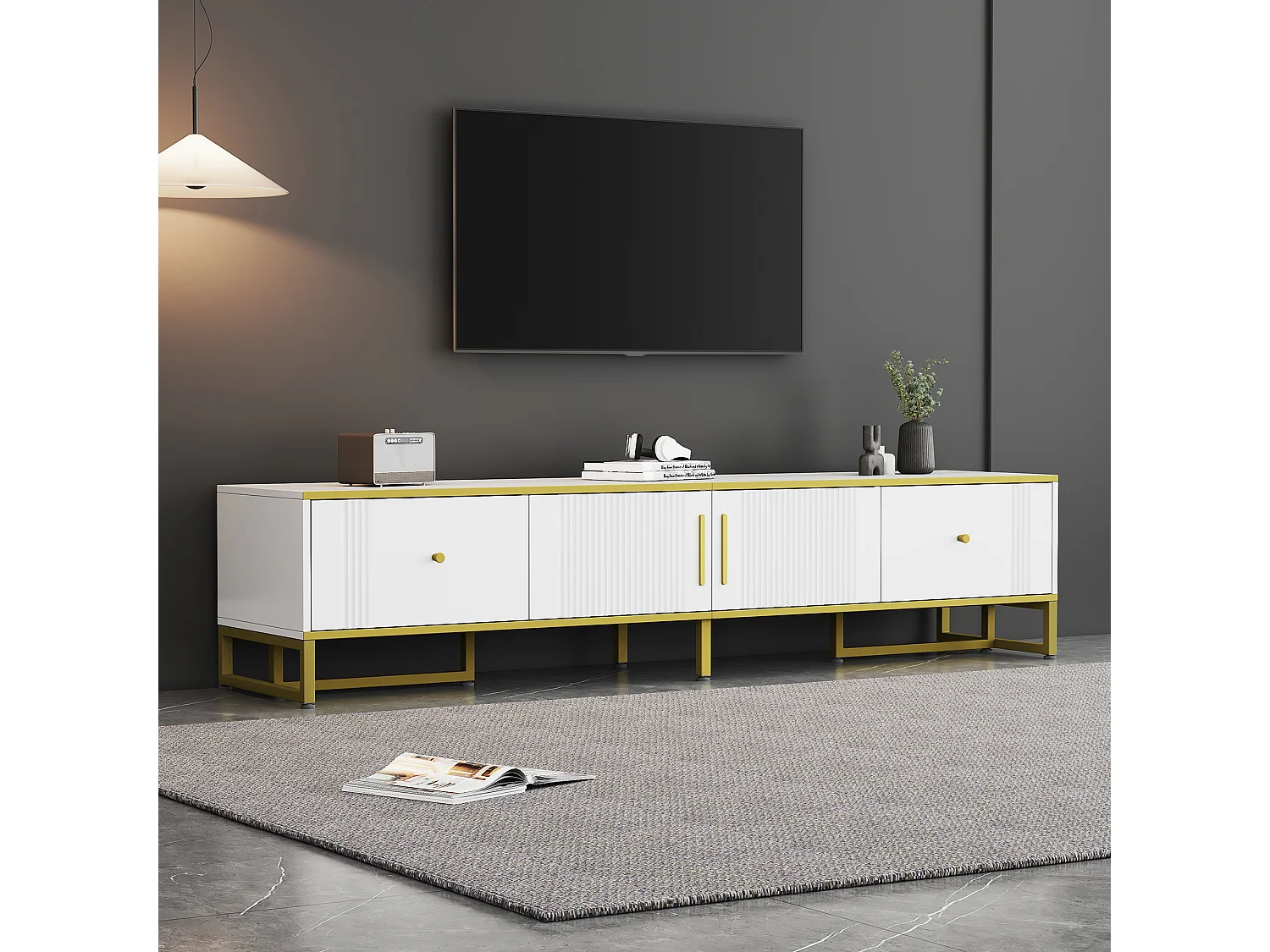 Meuble TV 180x40x40 cm avec 2 portes 2 tiroirs meuble de rangement en bois - pieds réglables en métal - blanc