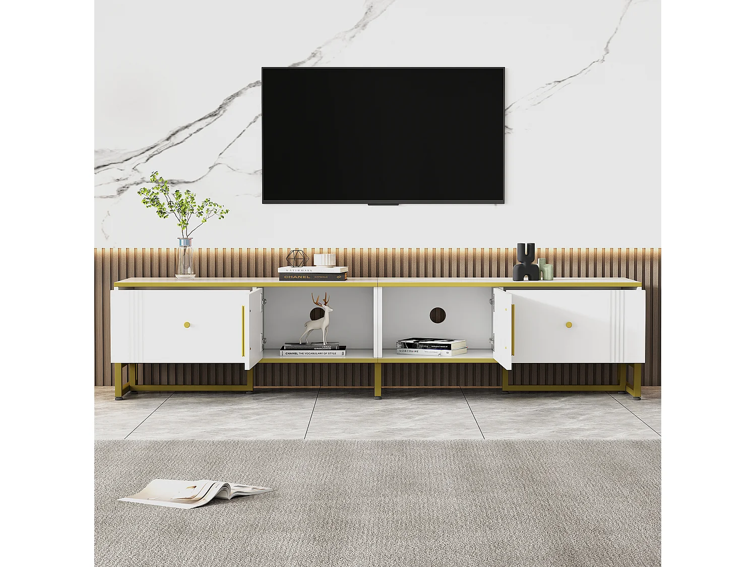 Meuble TV 180x40x40 cm avec 2 portes 2 tiroirs meuble de rangement en bois - pieds réglables en métal - blanc