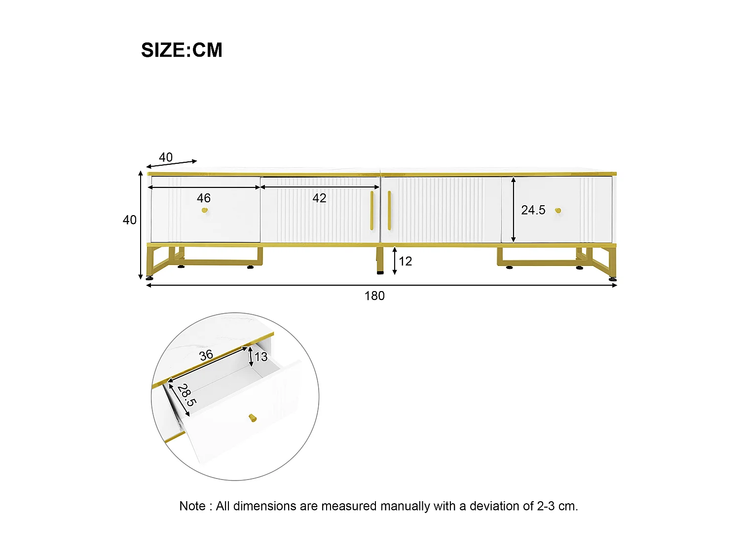 Meuble TV 180x40x40 cm avec 2 portes 2 tiroirs meuble de rangement en bois - pieds réglables en métal - blanc