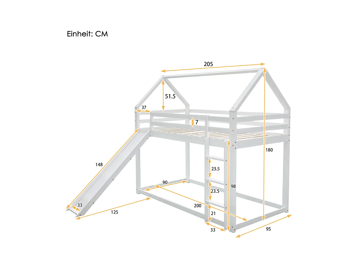 Lit superposé 90x200 cm avec sommier - protection anti - forme de la maison - bois - blanc (sans matelas)