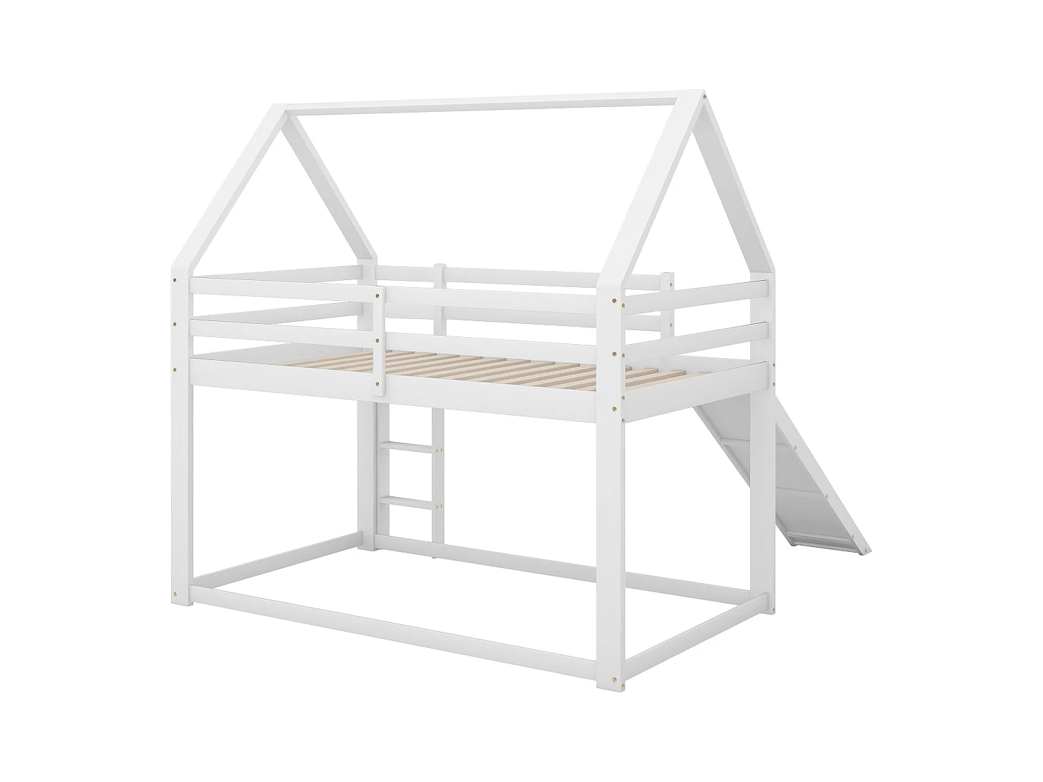 Lit superposé 90x200 cm avec sommier - protection anti - forme de la maison - bois - blanc (sans matelas)