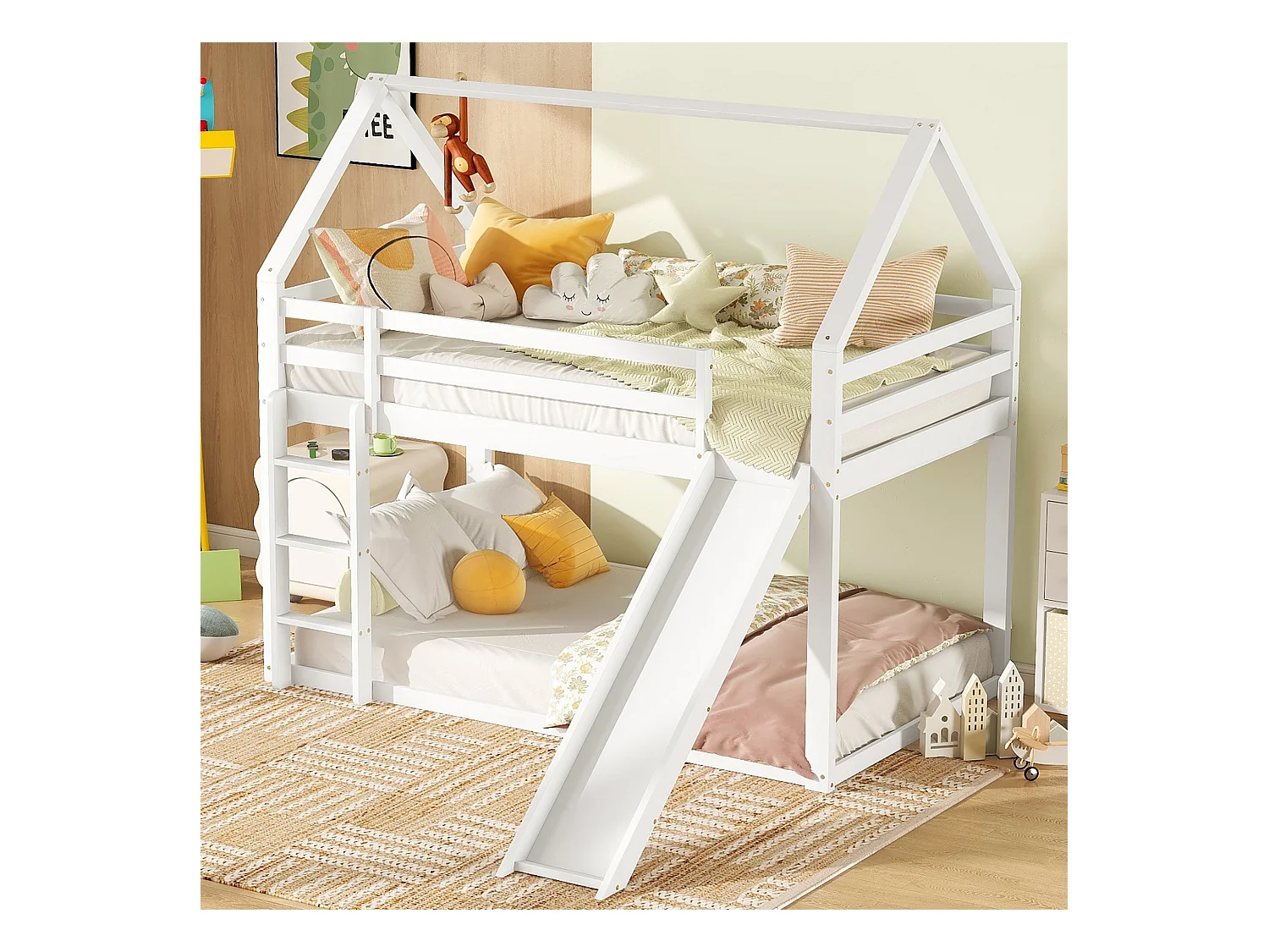 Lit superposé enfant 90x200cm avec sommier - protection anti-chute et toboggan - bois - blanc (sans matelas)