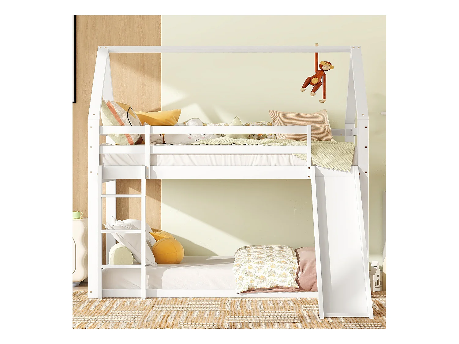 Lit superposé enfant 90x200cm avec sommier - protection anti-chute et toboggan - bois - blanc (sans matelas)