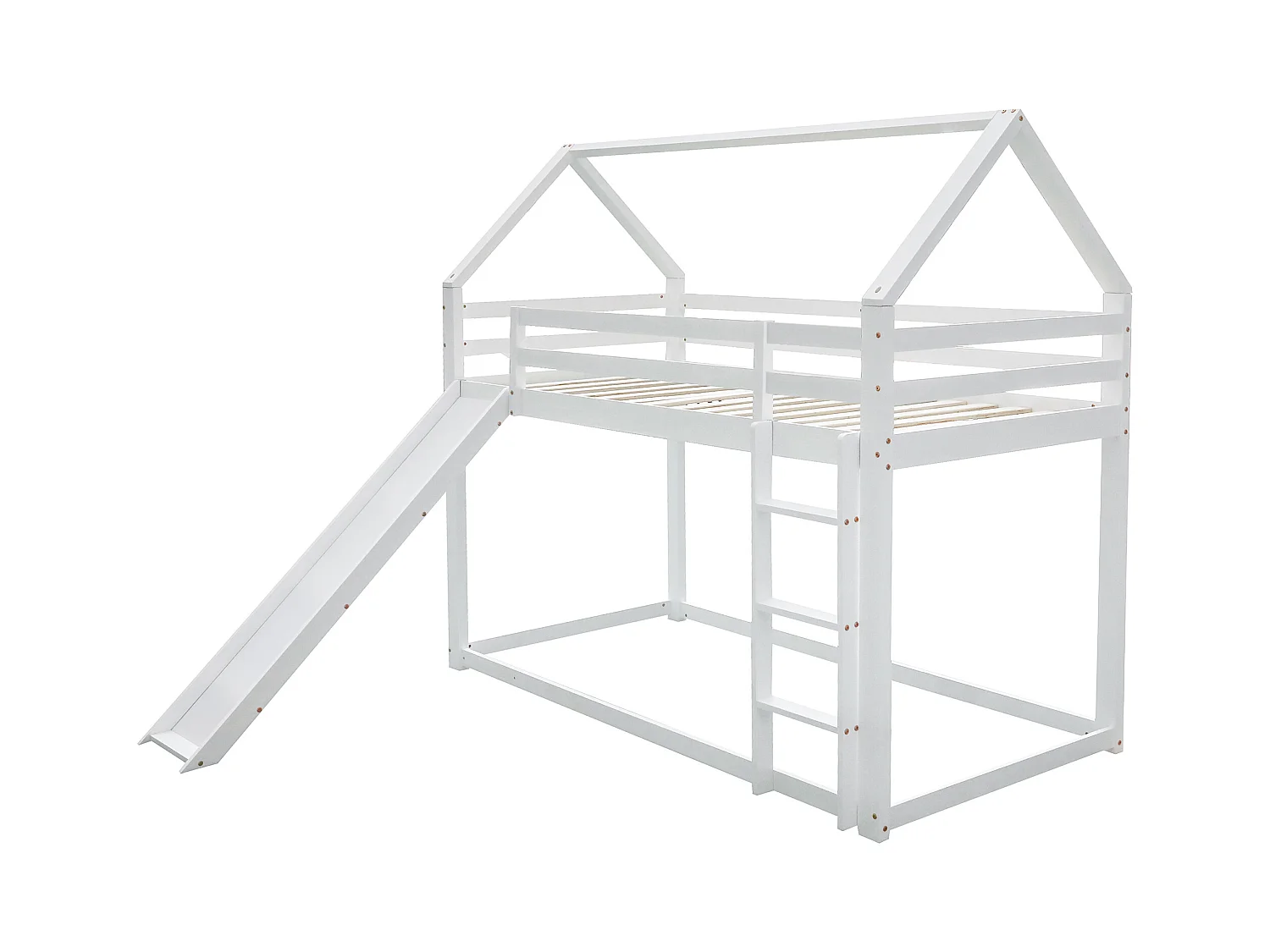 Lit superposé enfant 90x200cm avec sommier - protection anti-chute et toboggan - bois - blanc (sans matelas)
