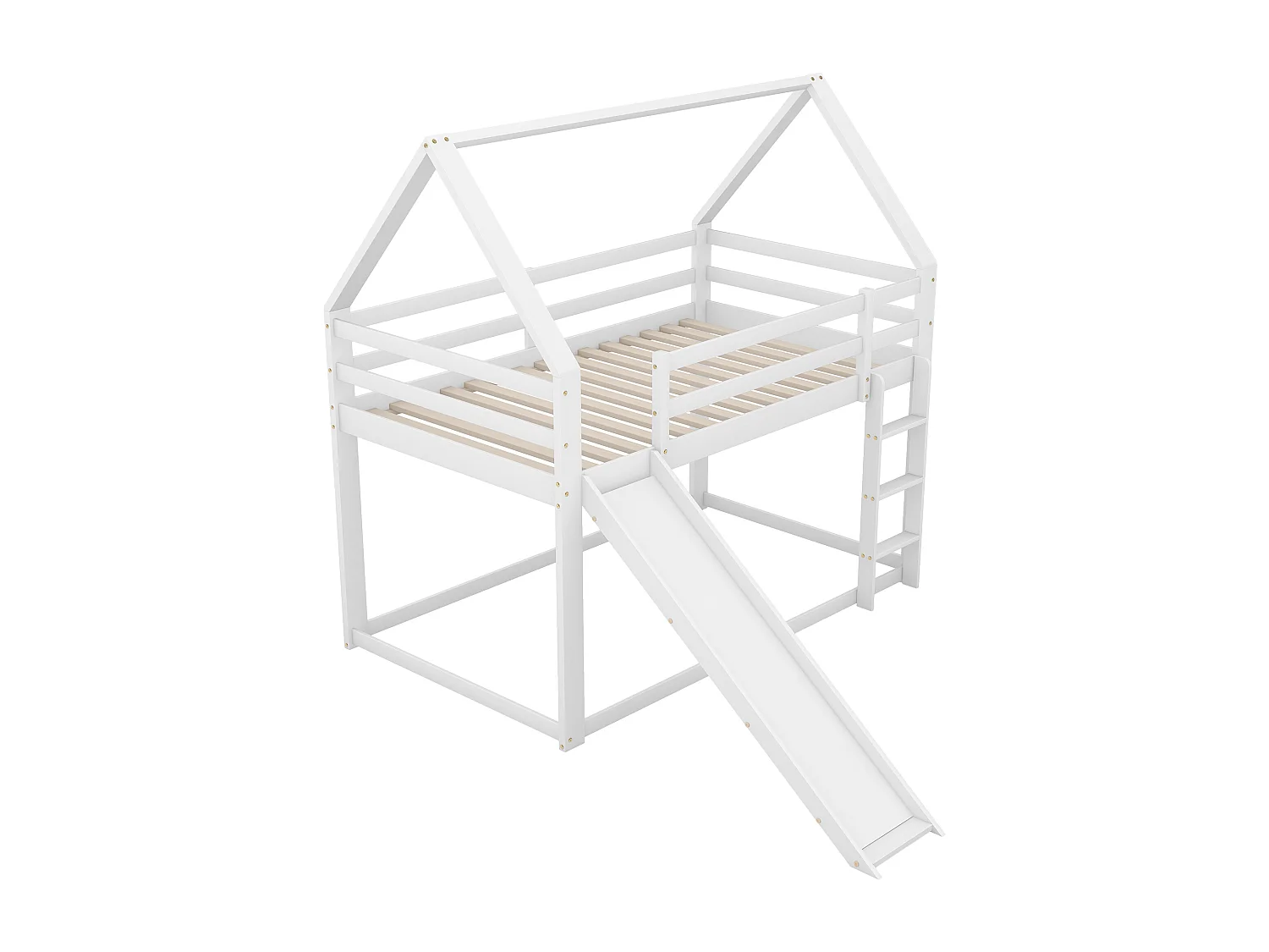 Lit superposé 90x200 cm avec sommier - protection anti - forme de la maison - bois - blanc (sans matelas)
