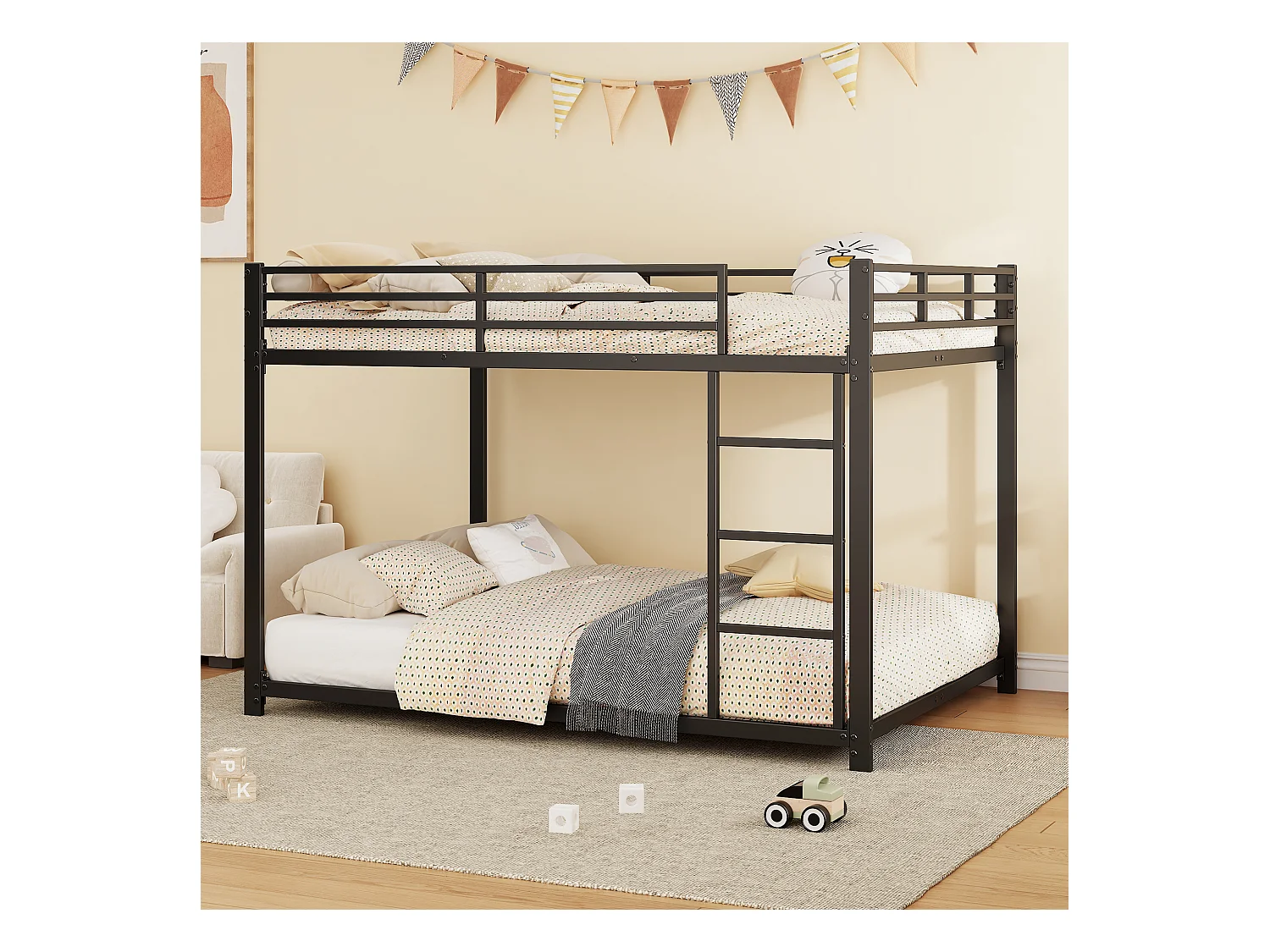 Lit superposé adulte 140x200cm avec sommier - protection anti-chute et éhelle - métal - noir (sans matelas)