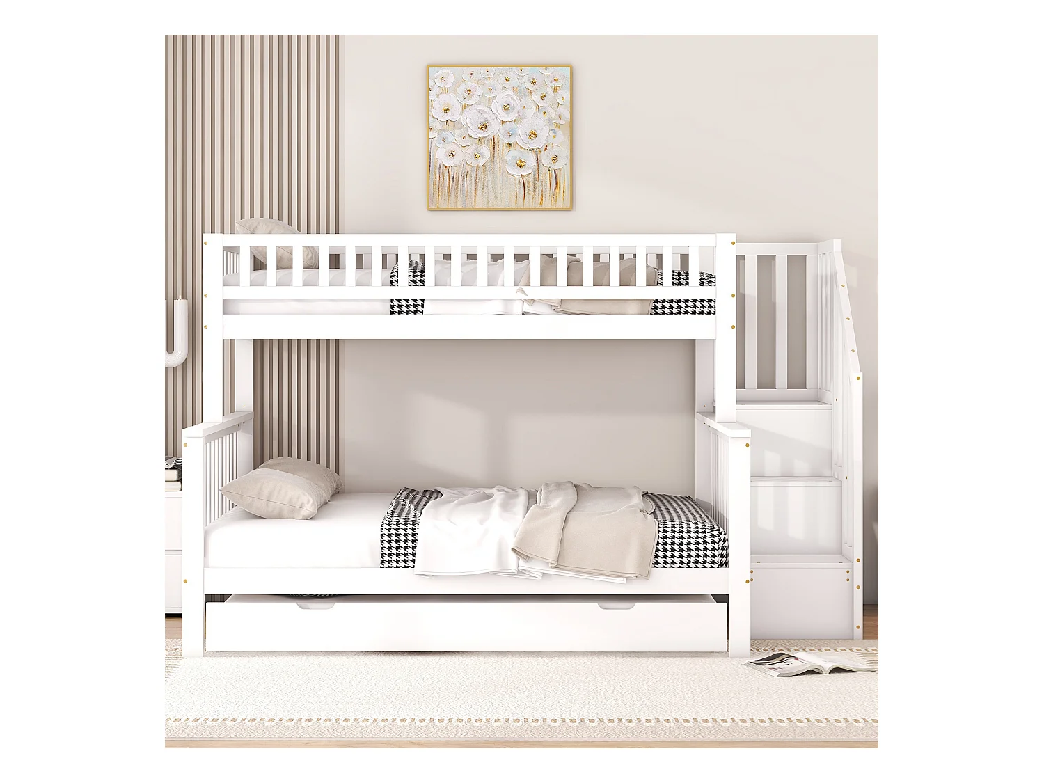 Lit superposé 90/140x200 cm avec sommier - lit gigogne avec protection anti-chute et éhelle - bois - blanc (sans matelas)