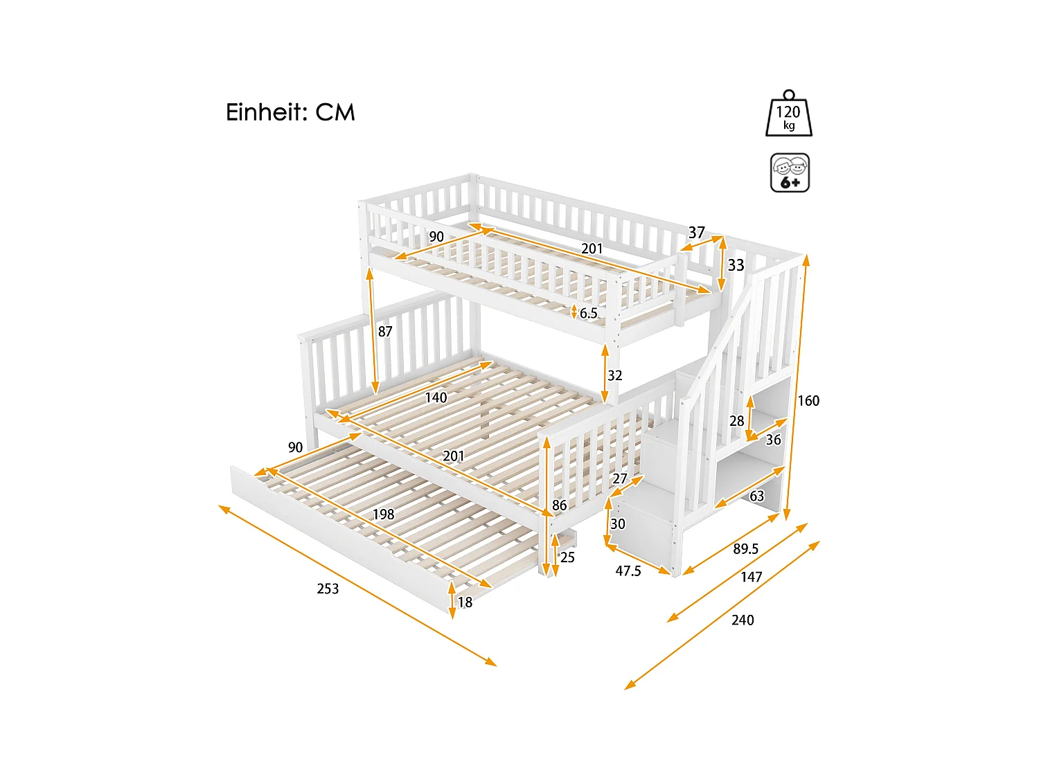 Lit superposé 90/140x200 cm avec sommier - lit gigogne avec protection anti-chute et éhelle - bois - blanc (sans matelas)