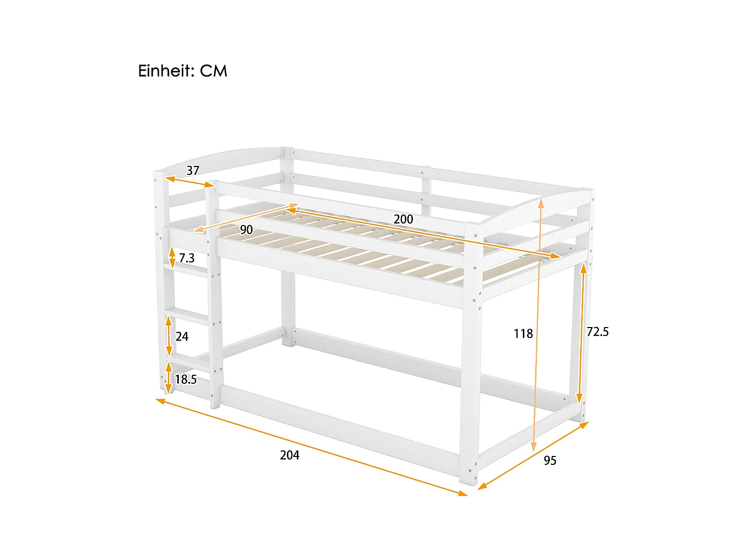 Lit superposé 90x200cm avec sommier - protection anti-chute et éhelle - bois - blanc (sans matelas)