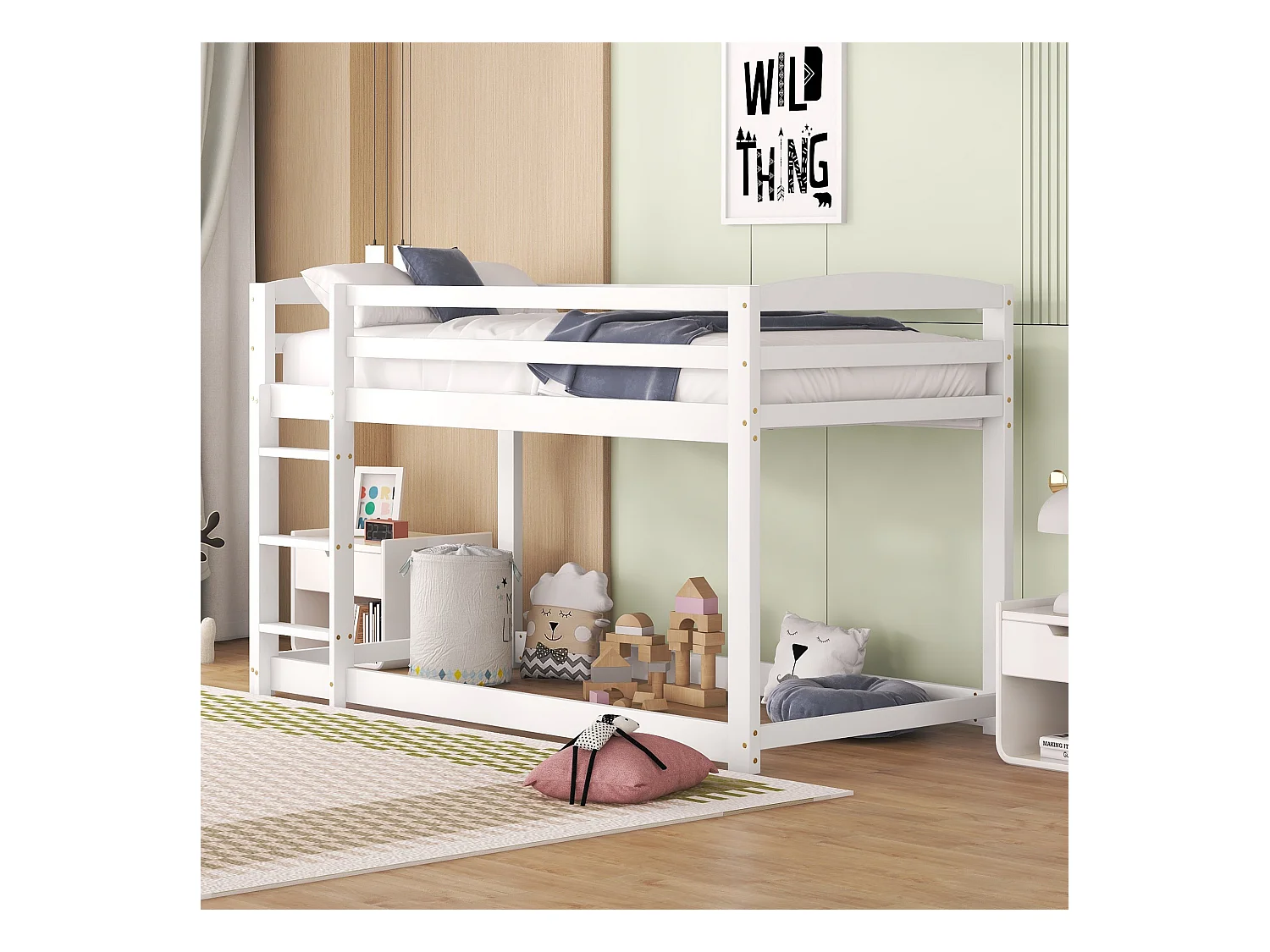 Lit superposé 90x200cm avec sommier - protection anti-chute et éhelle - bois - blanc (sans matelas)