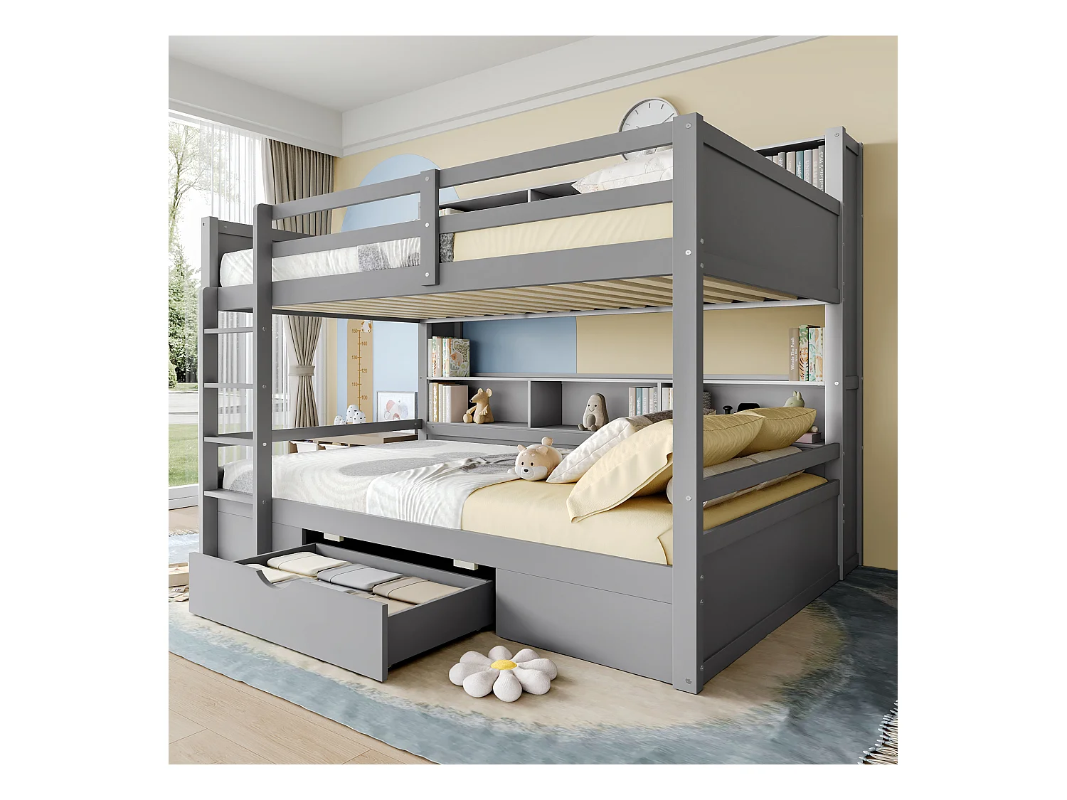 Lit superposé enfant 90x200cm avec sommier - protection anti-chute 1 tiroir et rangements - bois - gris (sans matelas)