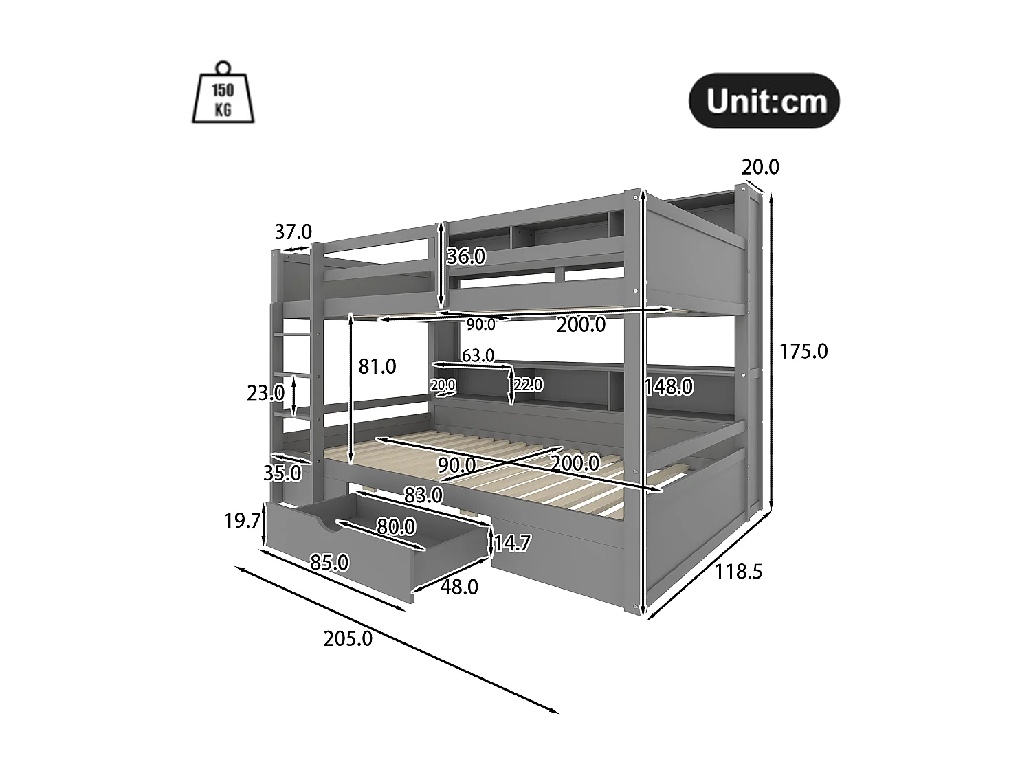 Letto a castello per bambini 90x200cm con base - protezione anticaduta 1 cassetto e contenitore - legno - grigio (senza materasso)