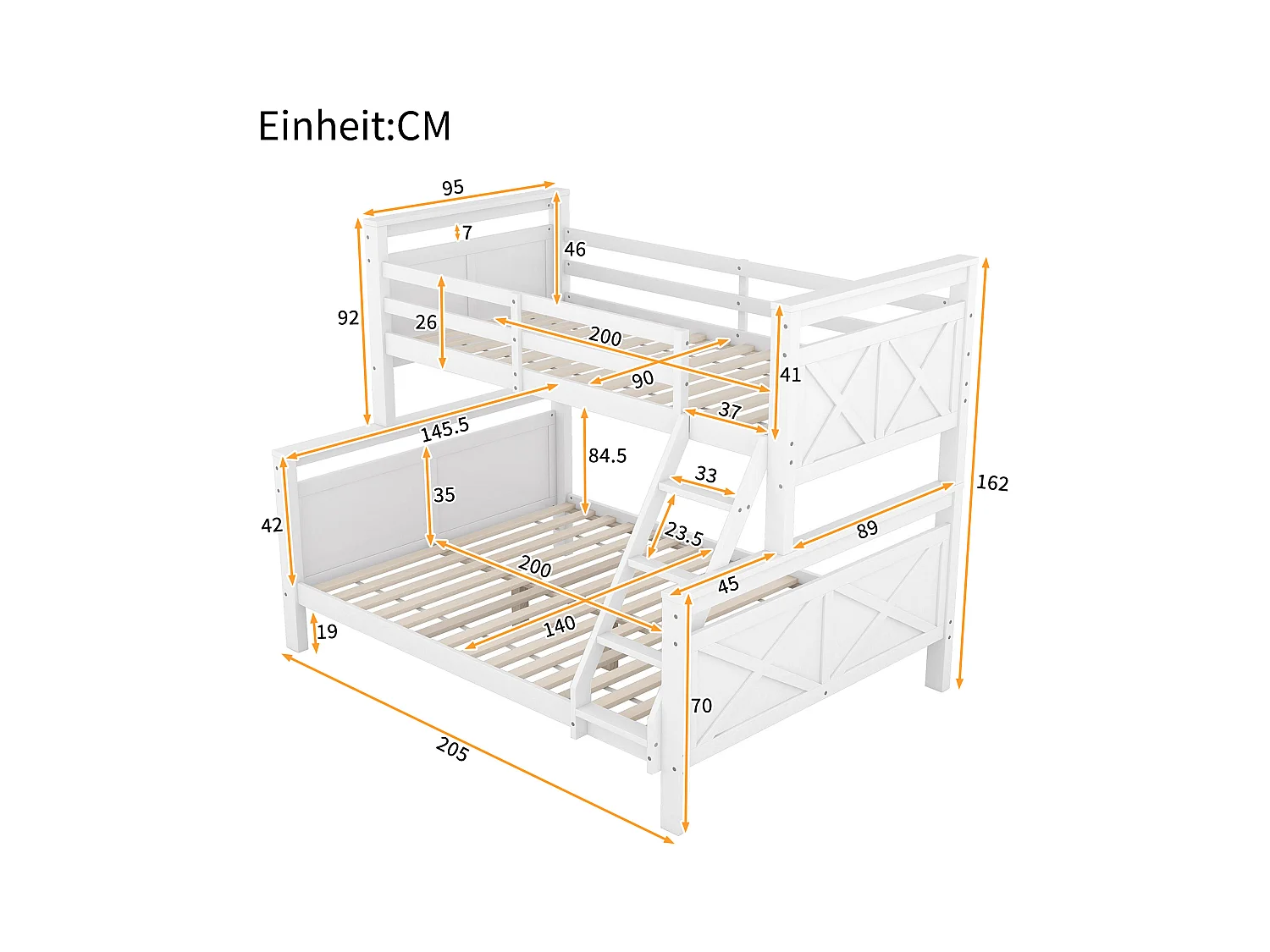 Lit superposé enfant 90(140)x200cm avec sommier - protection anti-chute et éhelle - bois - blanc (sans matelas)
