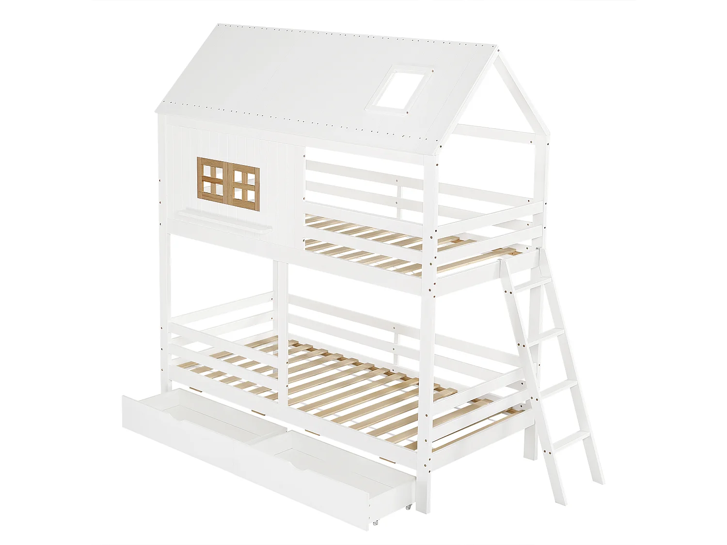 Lit superposé 90x200cm avec deux tiroirs sommier à lattes et échelle en blanc et couleurs naturelles pour enfants (sans matelas)