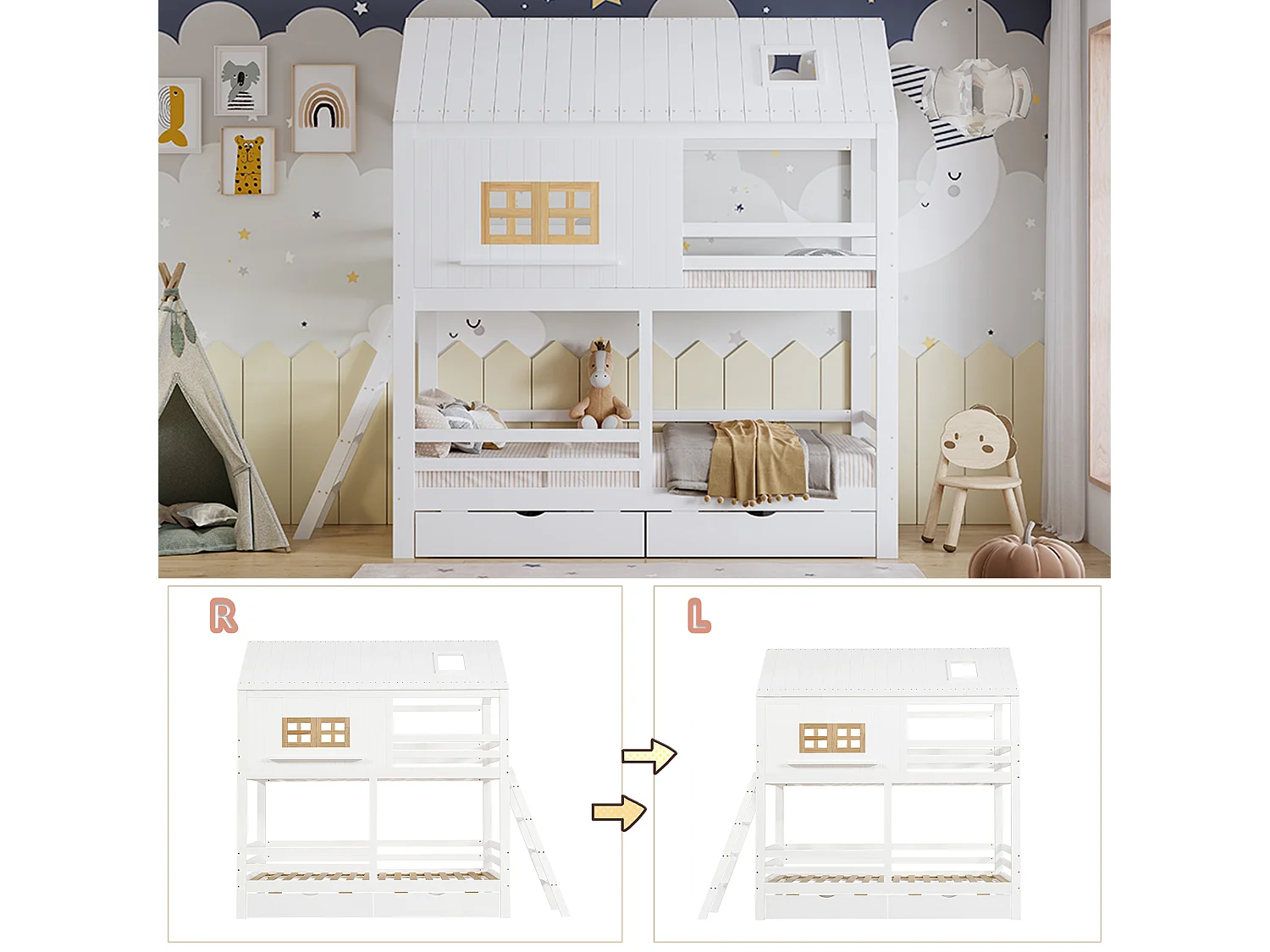 Lit superposé 90x200cm avec deux tiroirs sommier à lattes et échelle en blanc et couleurs naturelles pour enfants (sans matelas)