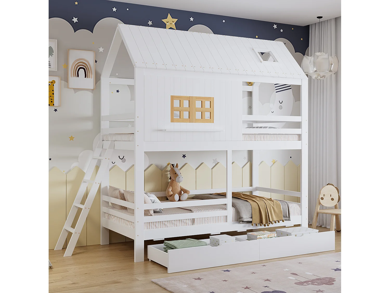 Lit superposé 90x200cm avec deux tiroirs sommier à lattes et échelle en blanc et couleurs naturelles pour enfants (sans matelas)