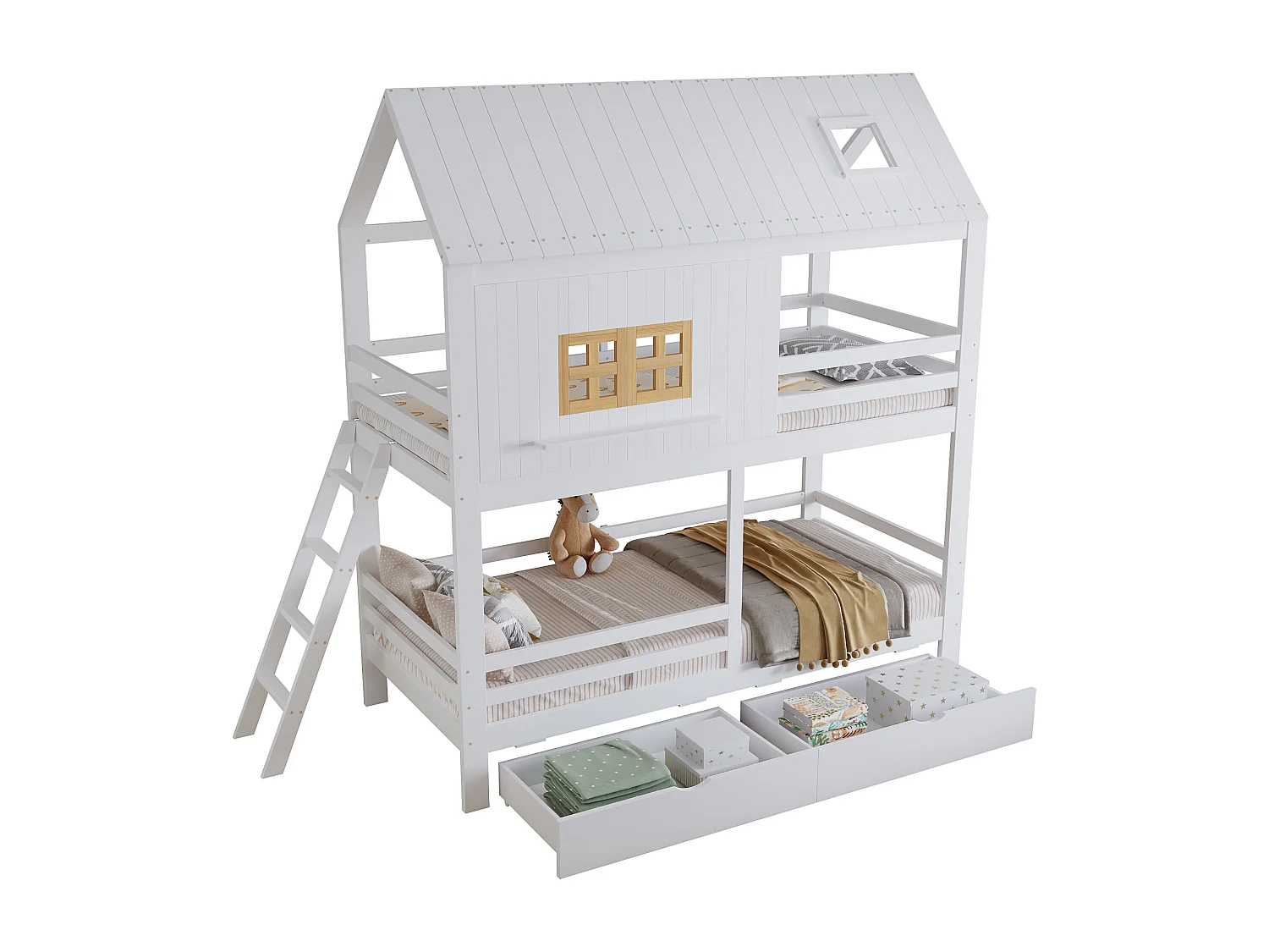 Lit superposé 90x200 cm avec fenêtres et toit tiroirs échelle, bois et MDF, blanc (Sans matelas)