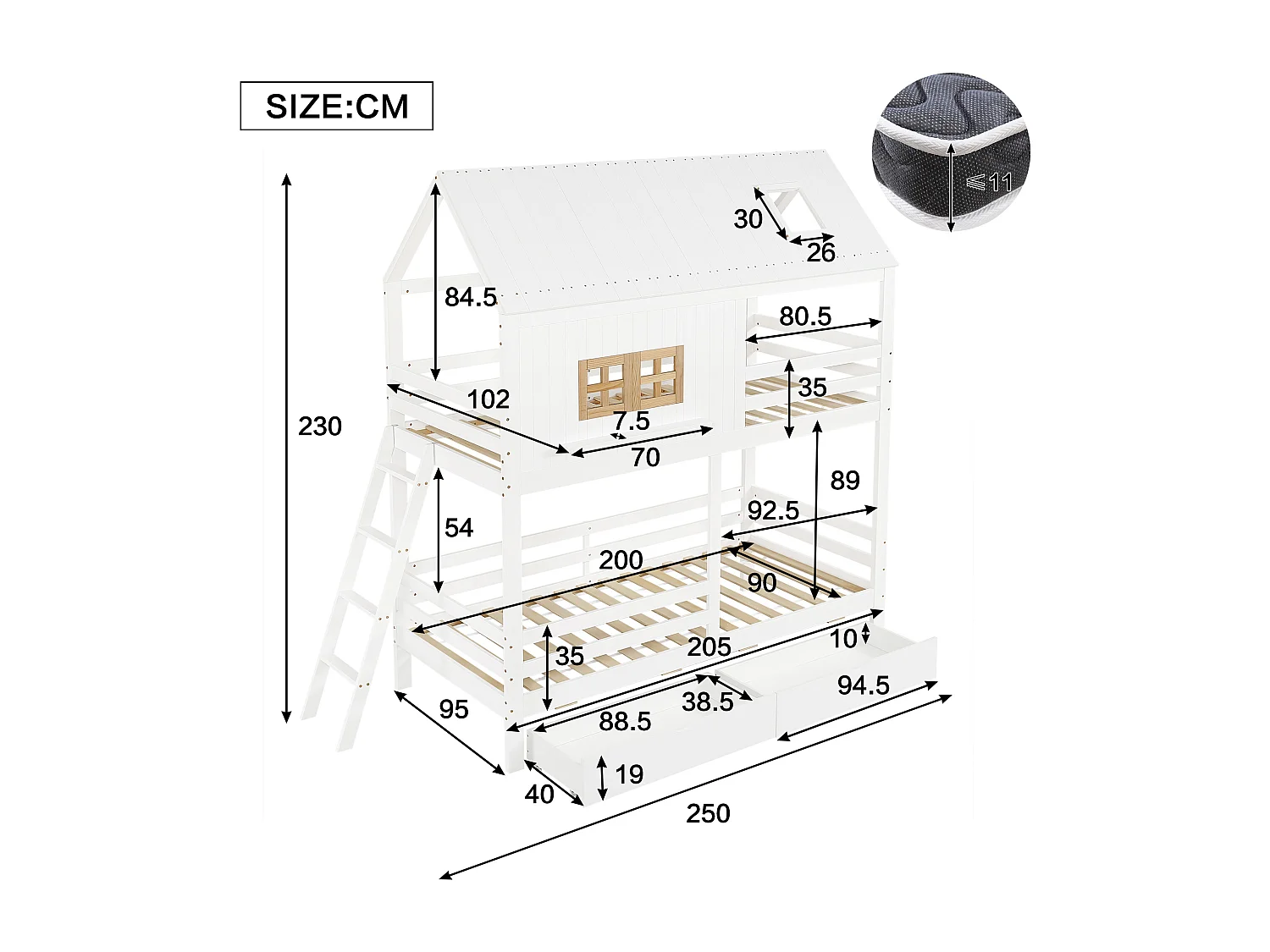 Lit superposé 90x200 cm avec fenêtres et toit tiroirs échelle, bois et MDF, blanc (Sans matelas)