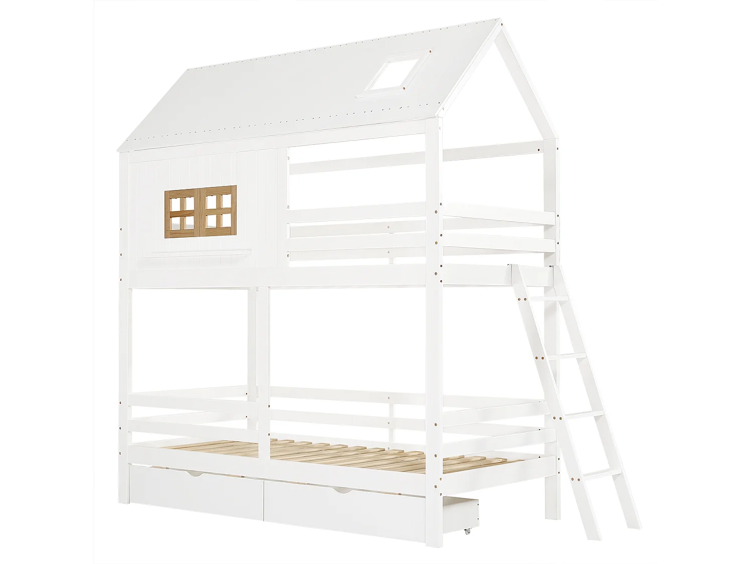 Lit superposé 90x200 cm avec fenêtres et toit tiroirs échelle, bois et MDF, blanc (Sans matelas)
