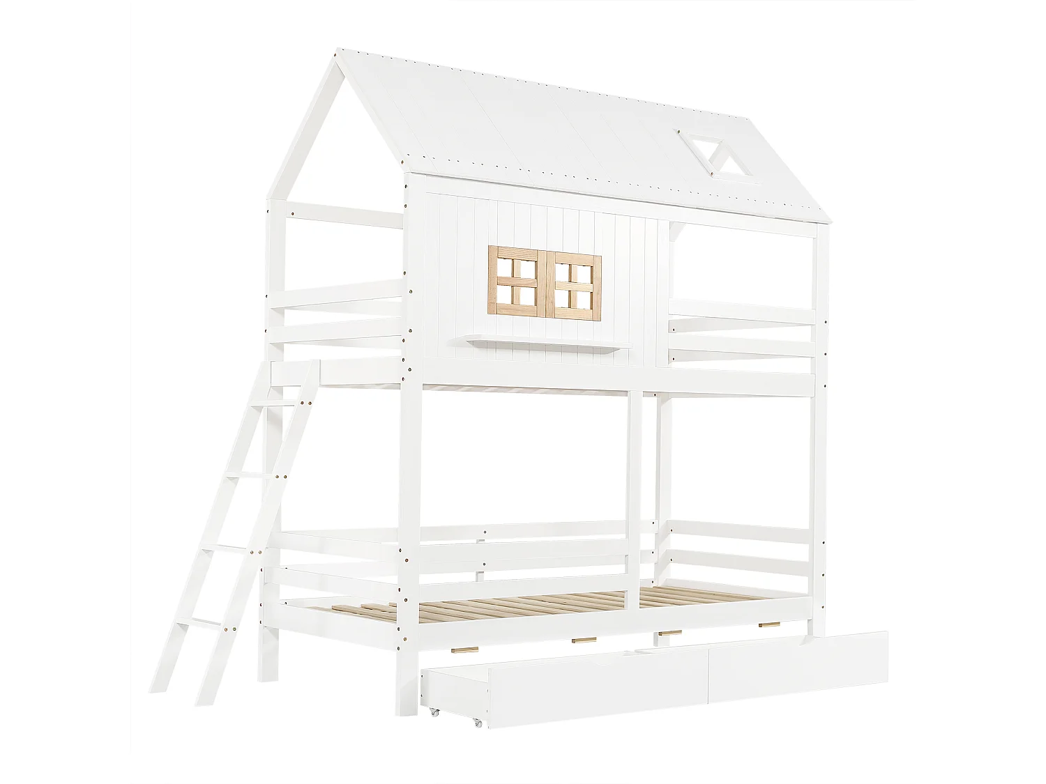 Lit superposé 90x200 cm avec fenêtres et toit tiroirs échelle, bois et MDF, blanc (Sans matelas)