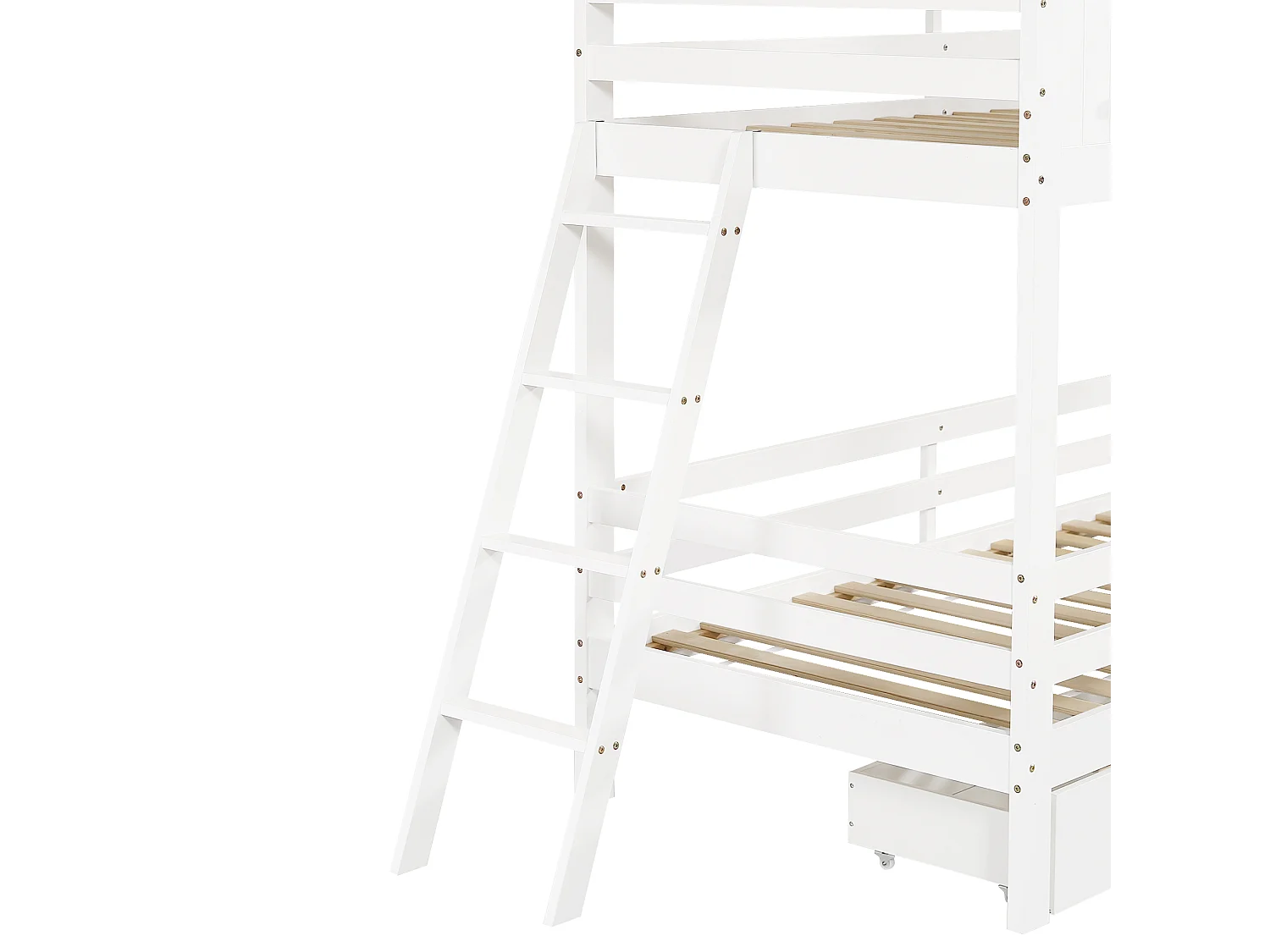 Lit superposé 90x200 cm avec fenêtres et toit tiroirs échelle, bois et MDF, blanc (Sans matelas)