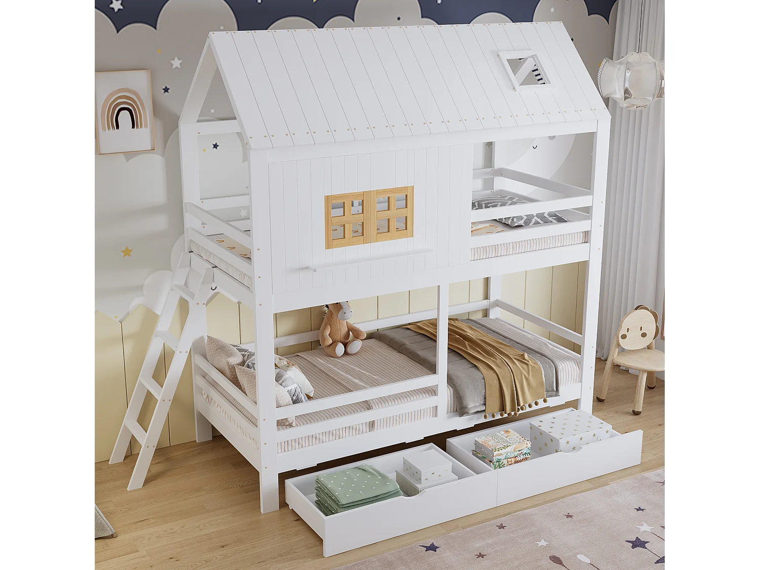 Lit superposé 90x200 cm avec fenêtres et toit tiroirs échelle, bois et MDF, blanc (Sans matelas)