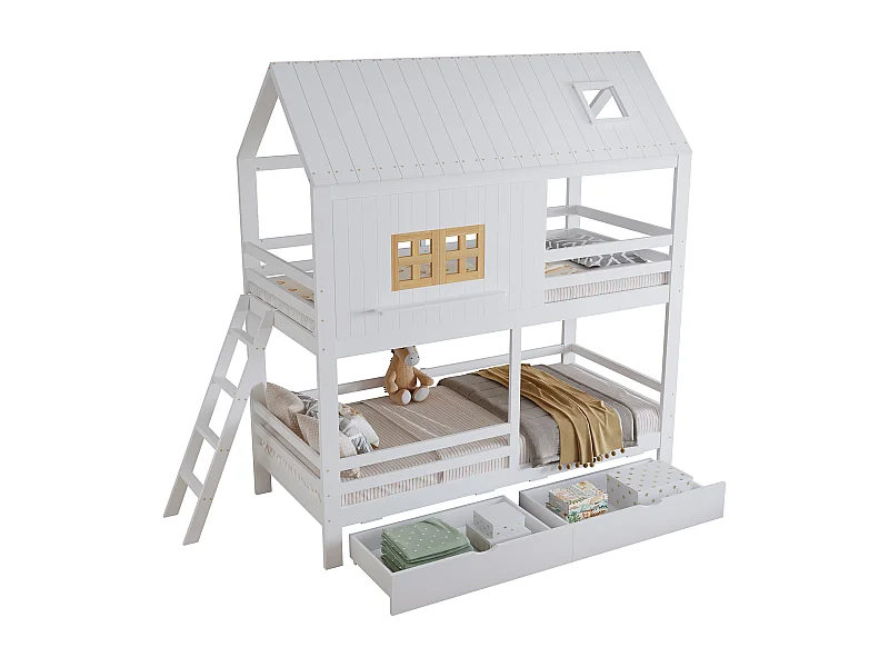 Kinderstapelbed 90x200cm voor 3 personen - valbeveiliging en ladder - hout - grijs (zonder matras)