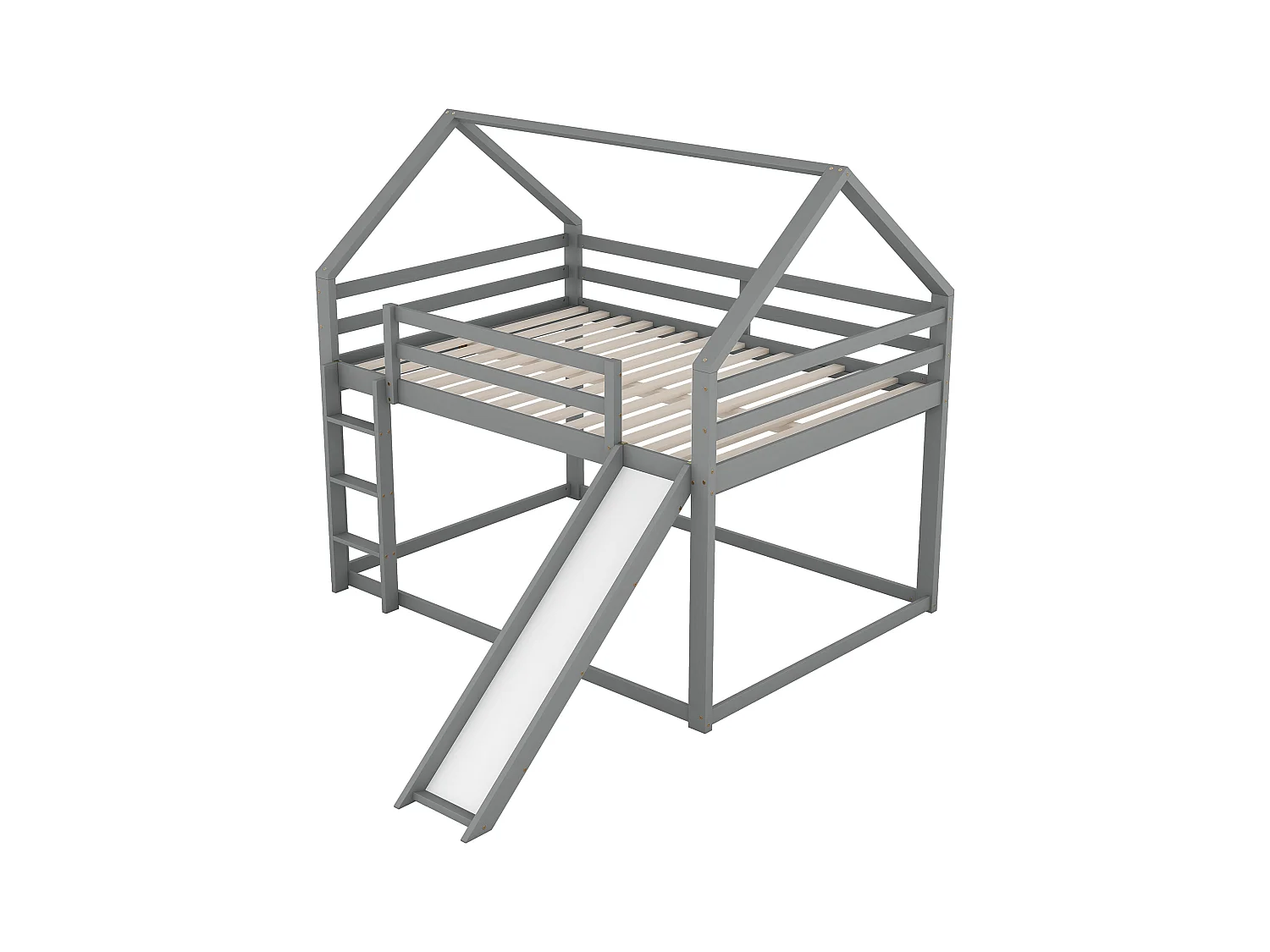 Lit superposé enfant 140x200cm avec sommier - protection anti-chute et toboggan - bois - gris (sans matelas)