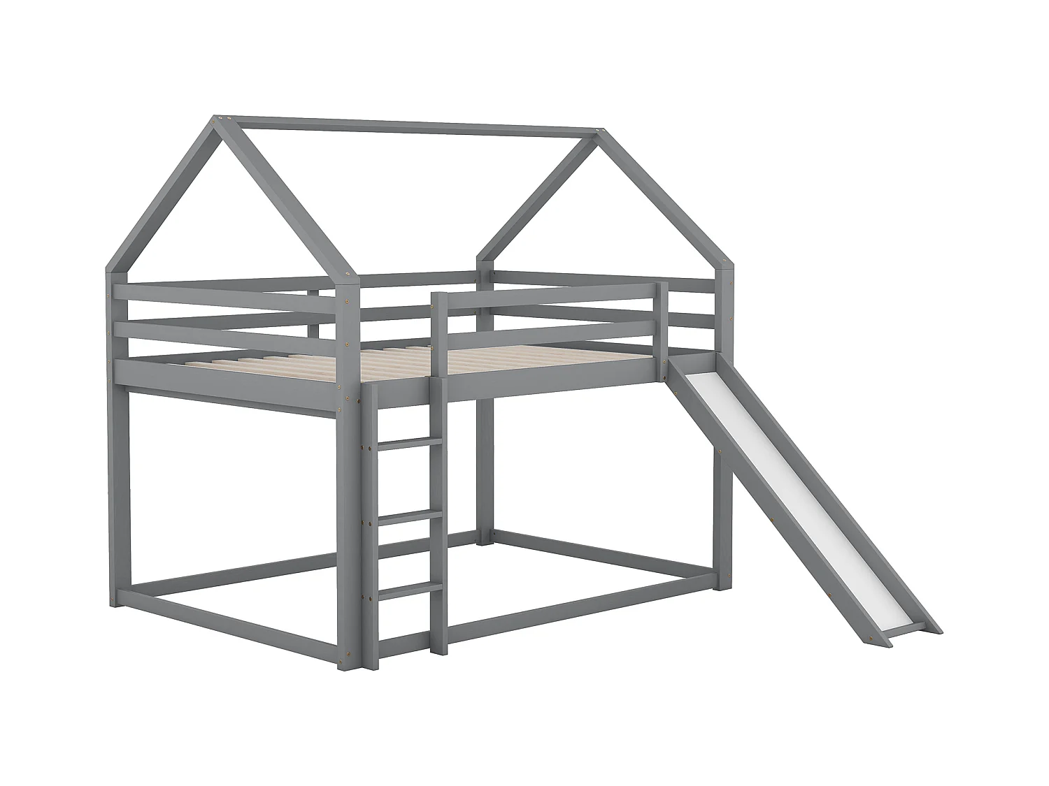 Lit superposé enfant 140x200cm avec sommier - protection anti-chute et toboggan - bois - gris (sans matelas)