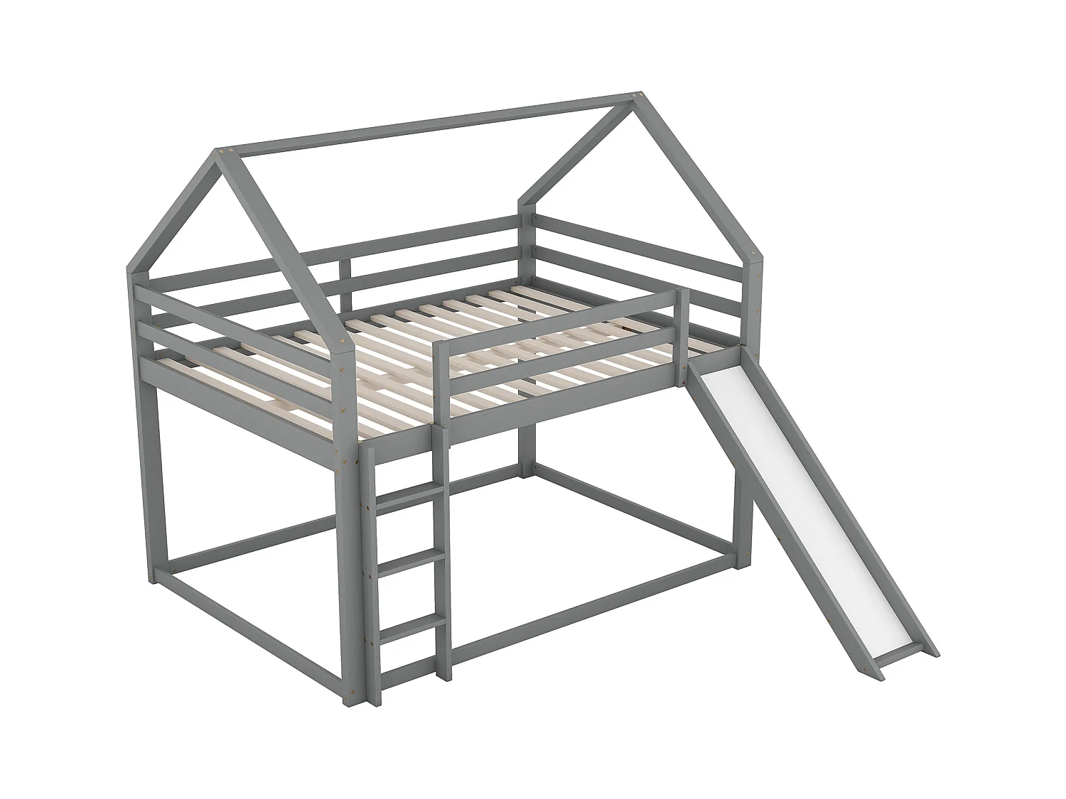 Lit superposé enfant 140x200cm avec sommier - protection anti-chute et toboggan - bois - gris (sans matelas)