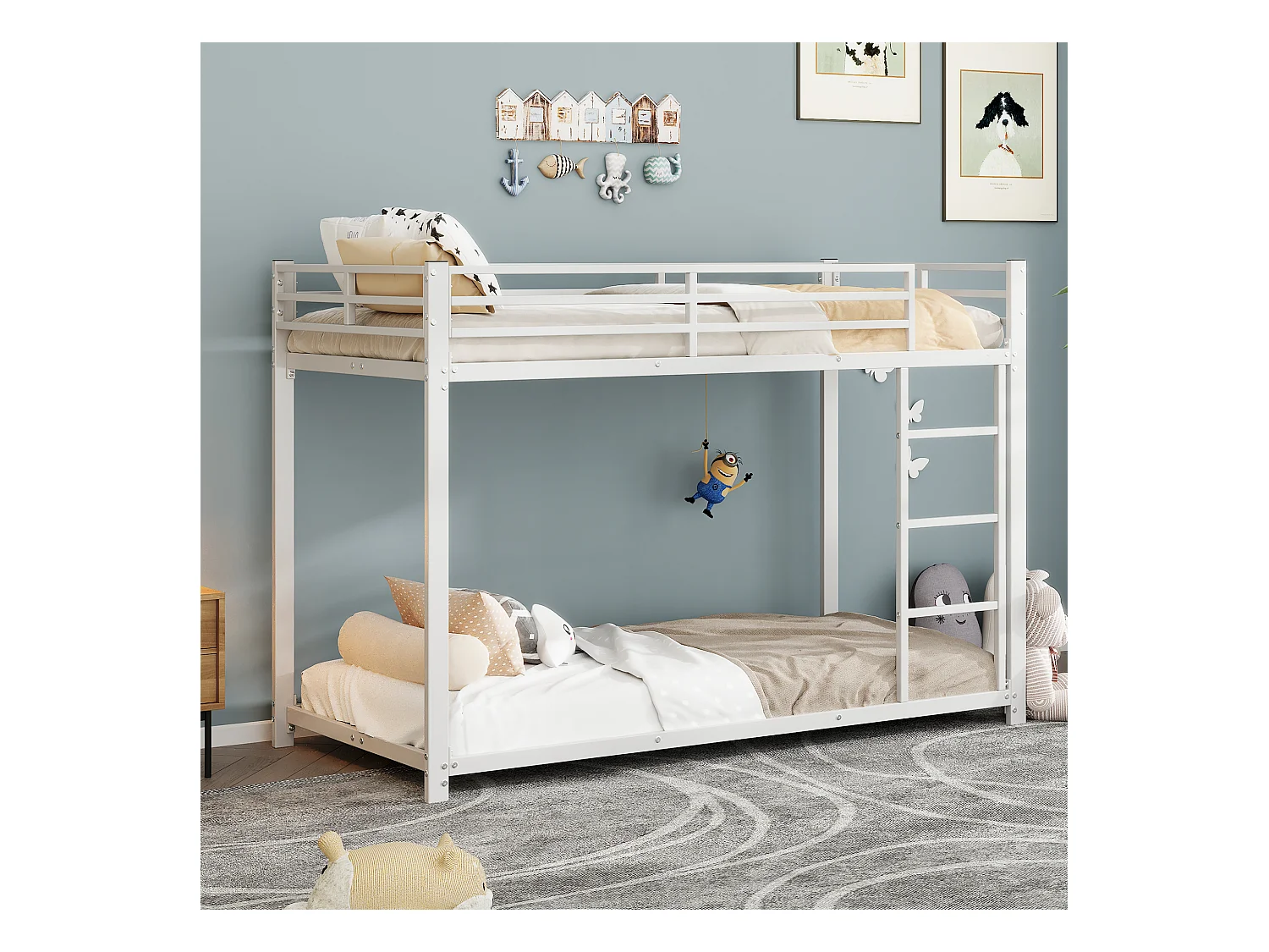 Lit superposé 90x200 cm avec sommier - protection anti-chute et éhelle - métal - blanc (sans matelas)