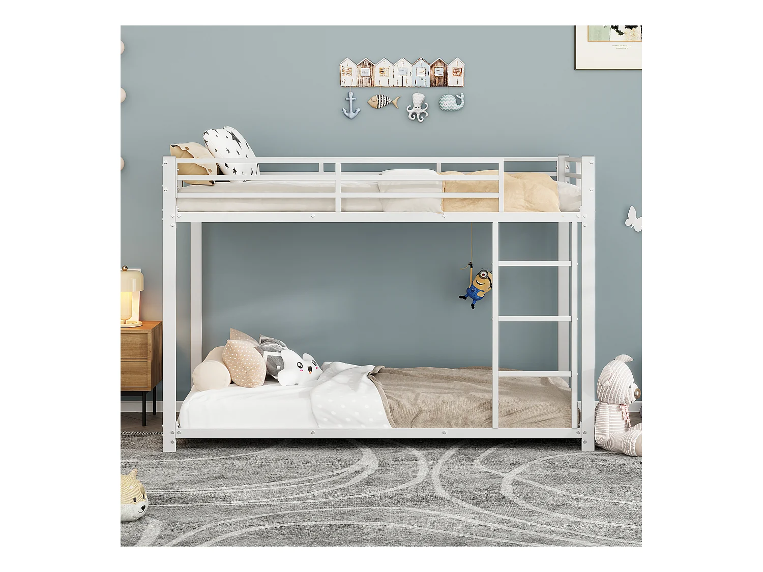 Lit superposé 90x200 cm avec sommier - protection anti-chute et éhelle - métal - blanc (sans matelas)