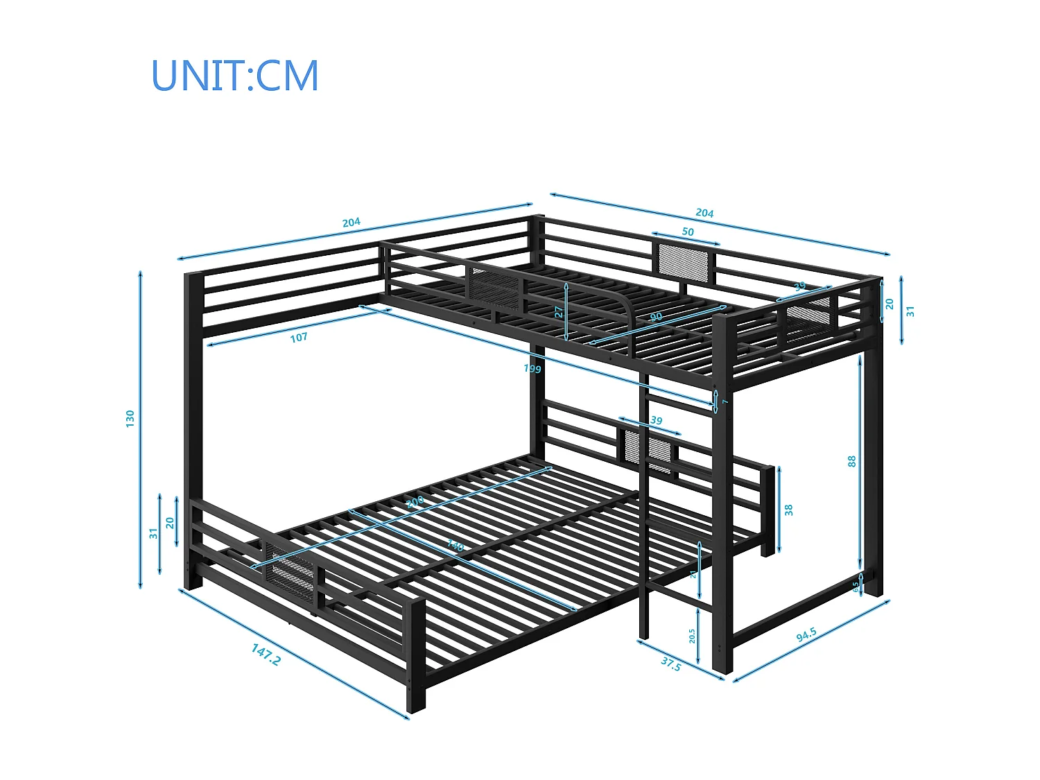 Lit superposé 90x200cm métal en forme de L garde-corps de sécurité pour enfants en noir (sans matelas)