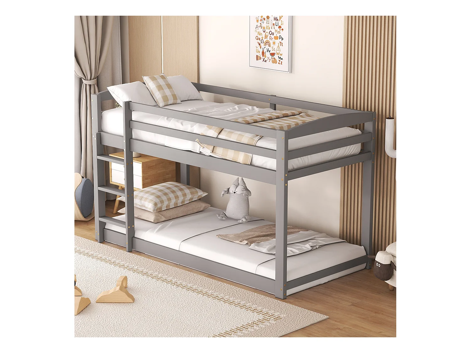 Lit superposé enfant 90x200cm avec sommier - protection anti-chute et éhelle - bois - gris (sans matelas)