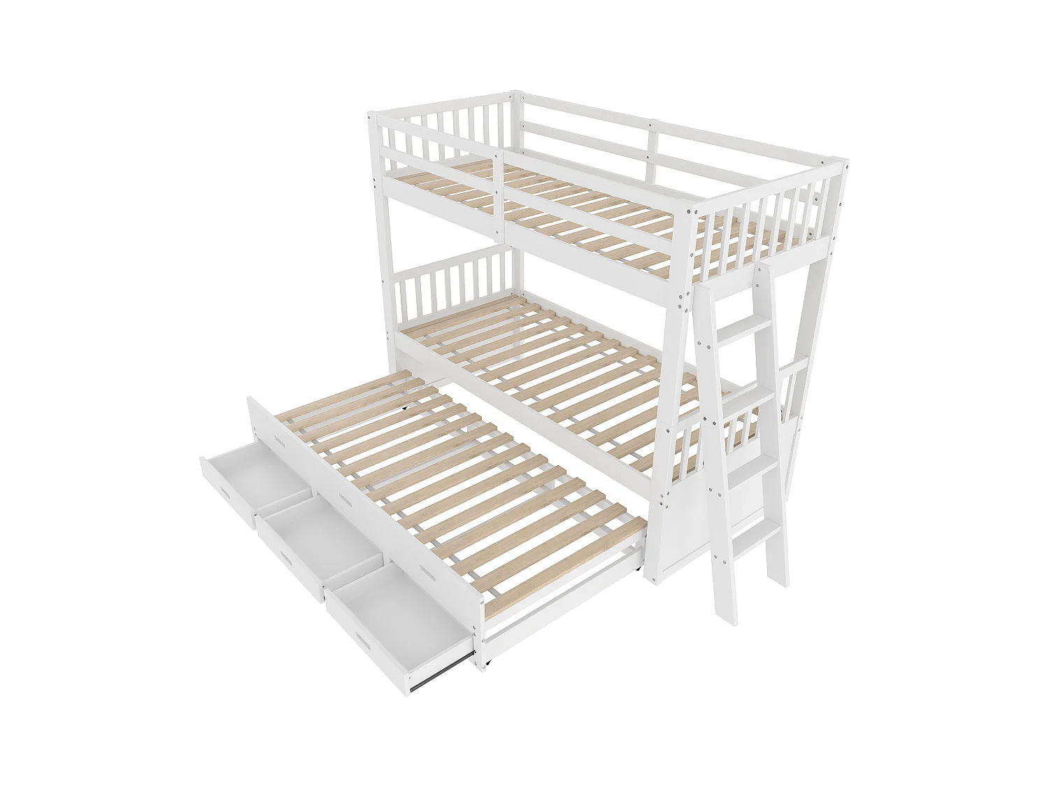 Lit superposé 90x200 cm avec 3 tiroirs - lit gigogne avec protection anti-chute et éhelle - bois - blanc (sans matelas)