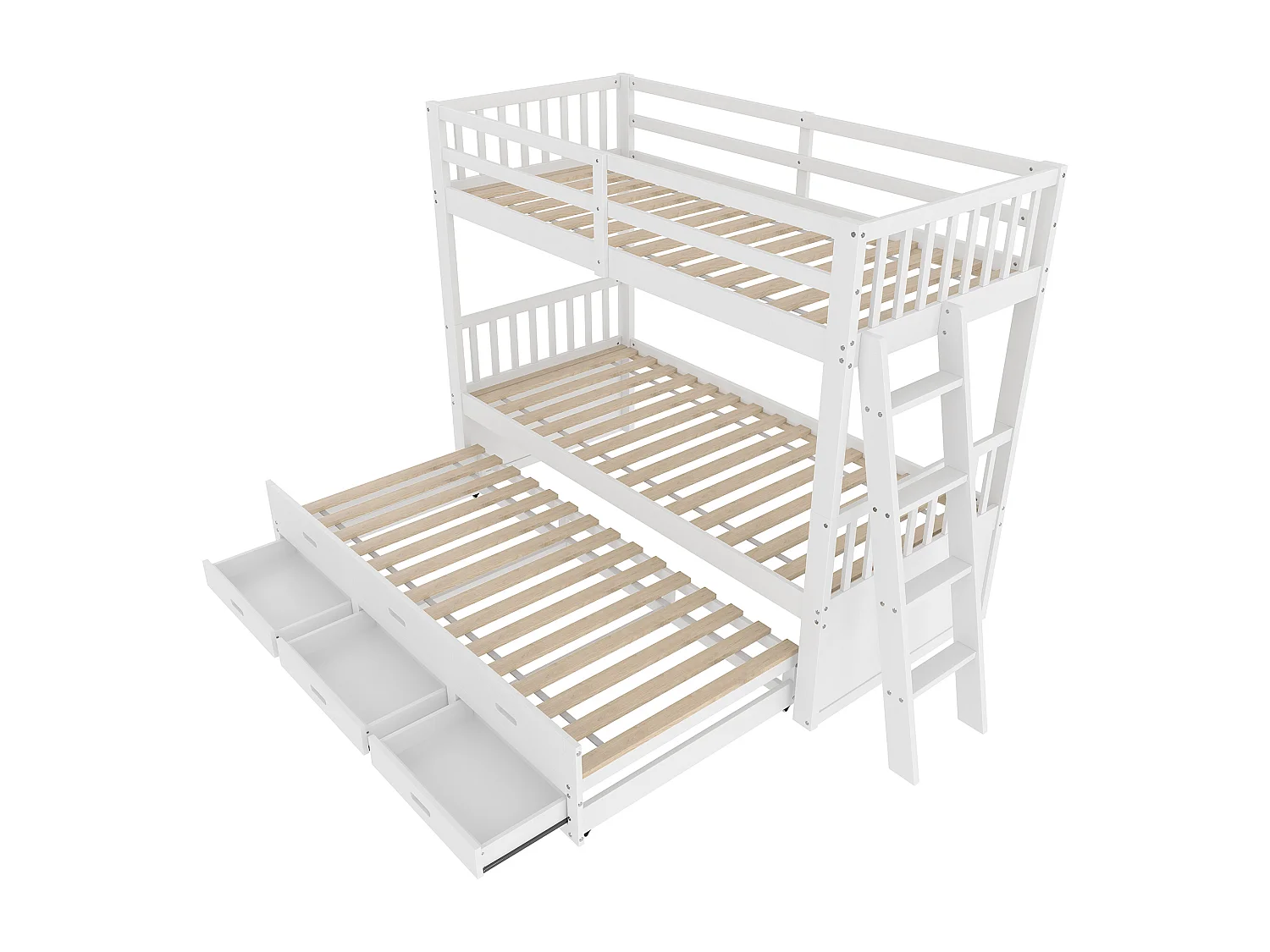 Letto a castello per bambini 90x200cm con 3 cassetti - letto estraibile con protezione anticaduta e scaletta - legno - bianco (senza materasso)