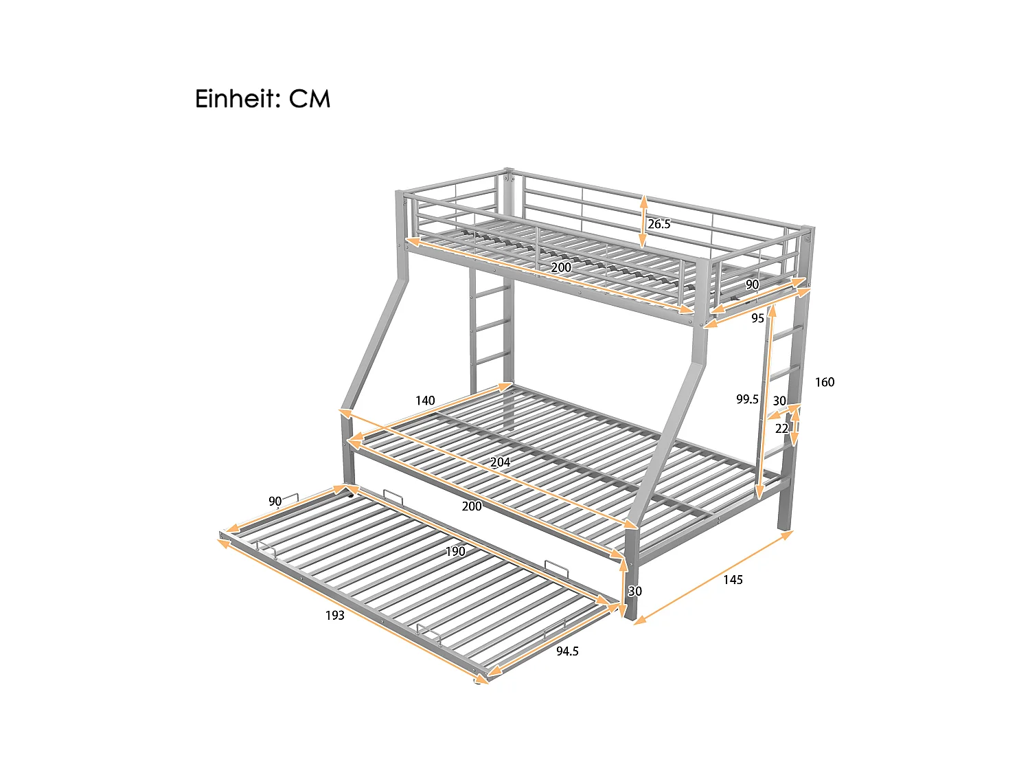 Lit superposé enfant 90(140)x200cm avec lit gigogne - protection anti-chute et éhelle - métal - argenté (sans matelas)