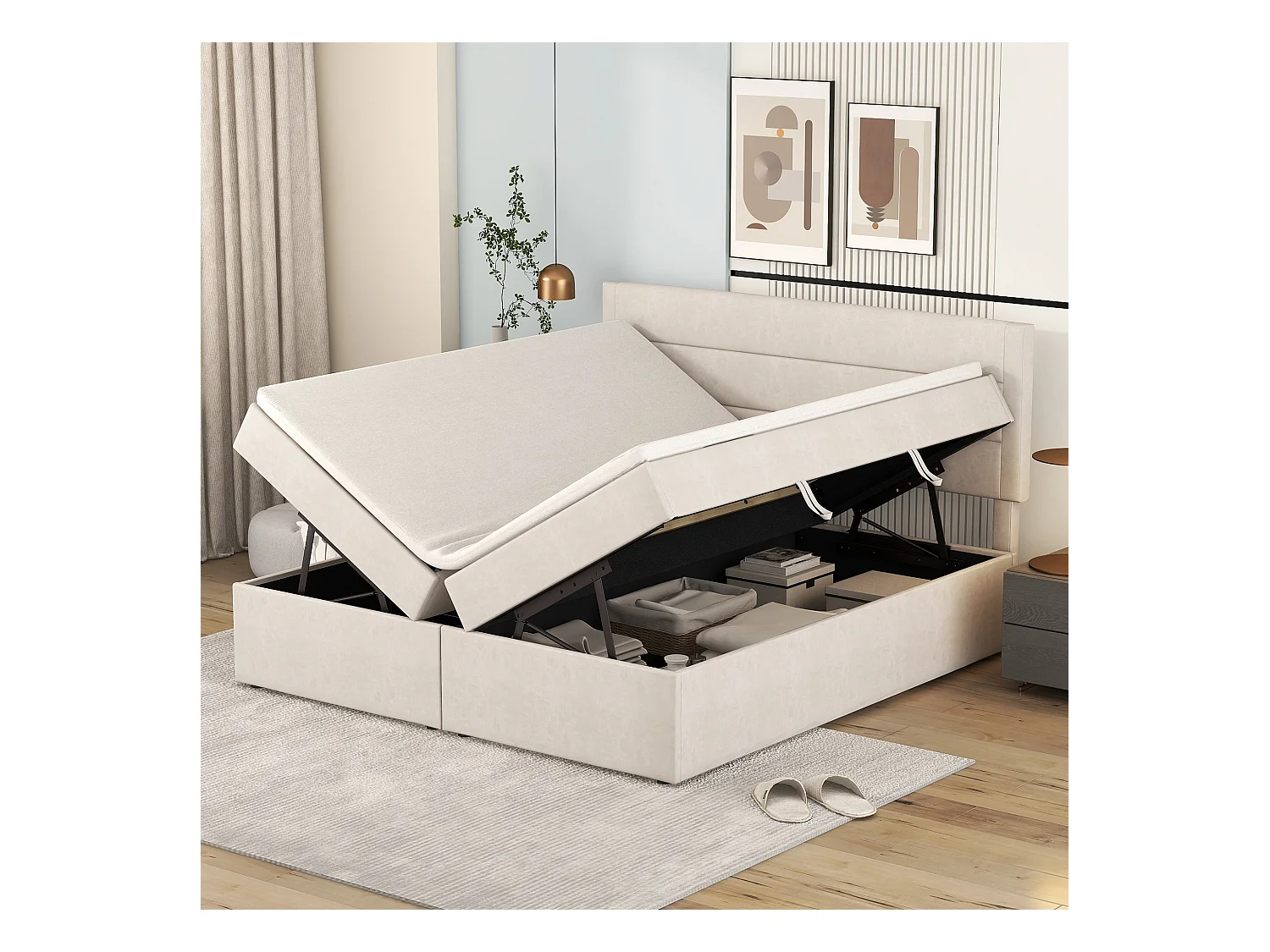 Lit adulte 140x200 cm avec 2 tiroirs - tête de lit réglable en hauteur et USB et LED - lin - beige (sans matelas)