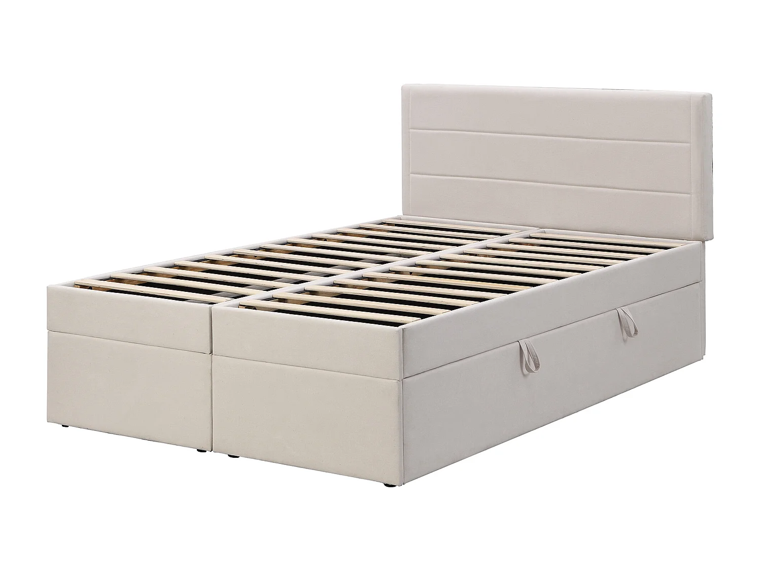Lit double 140x200 cm avec grand coffre, ouverture des deux côtés, cadre métal, bois et MDF, beige (Sans matelas)
