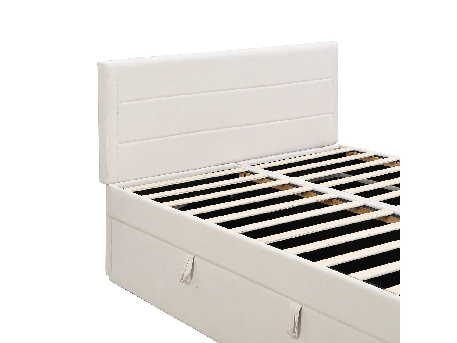 Lit double 140x200 cm avec grand coffre, ouverture des deux côtés, cadre métal, bois et MDF, beige (Sans matelas)