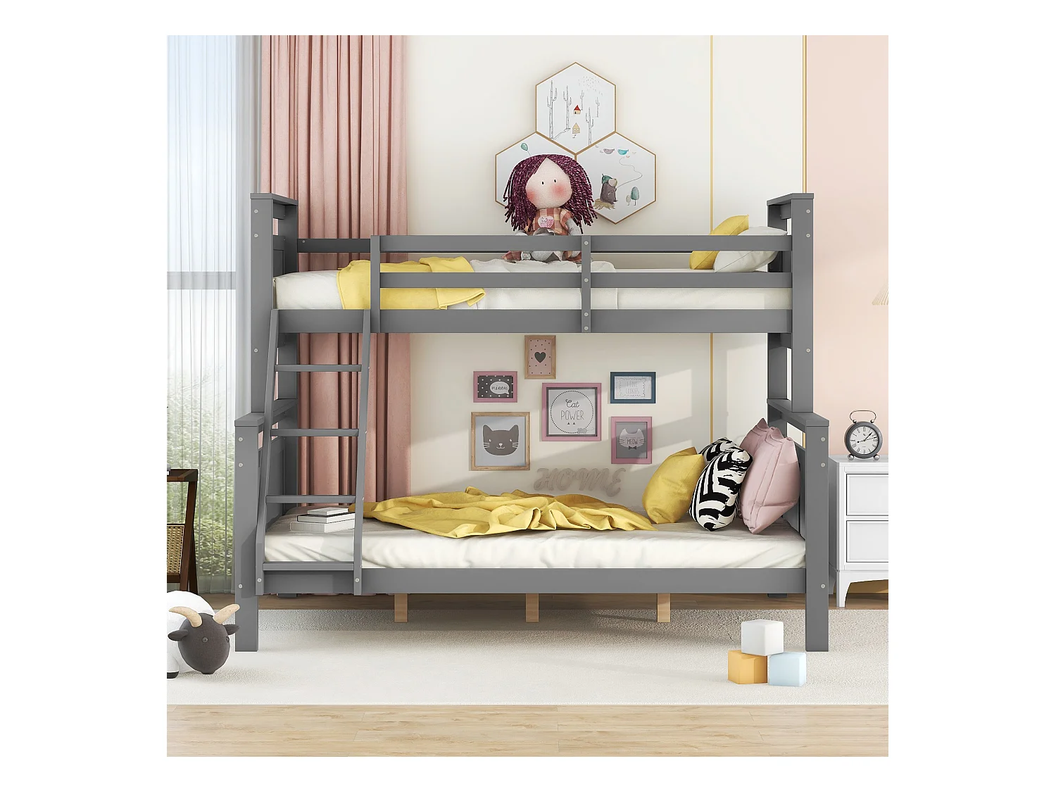Lit superposé enfant 90(140)x200cm avec sommier - protection anti-chute et éhelle - bois - gris (sans matelas)