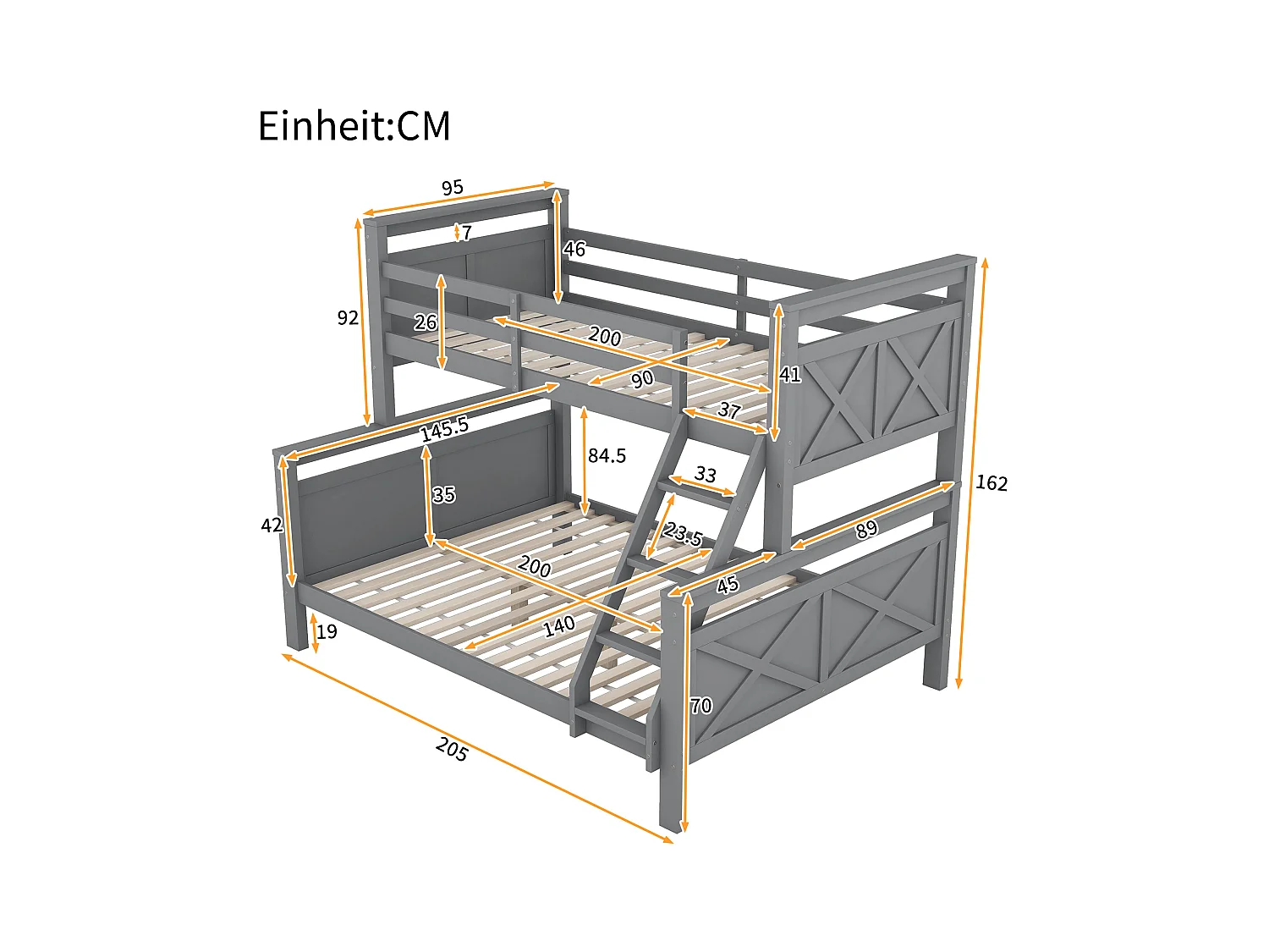 Lit superposé enfant 90(140)x200cm avec sommier - protection anti-chute et éhelle - bois - gris (sans matelas)