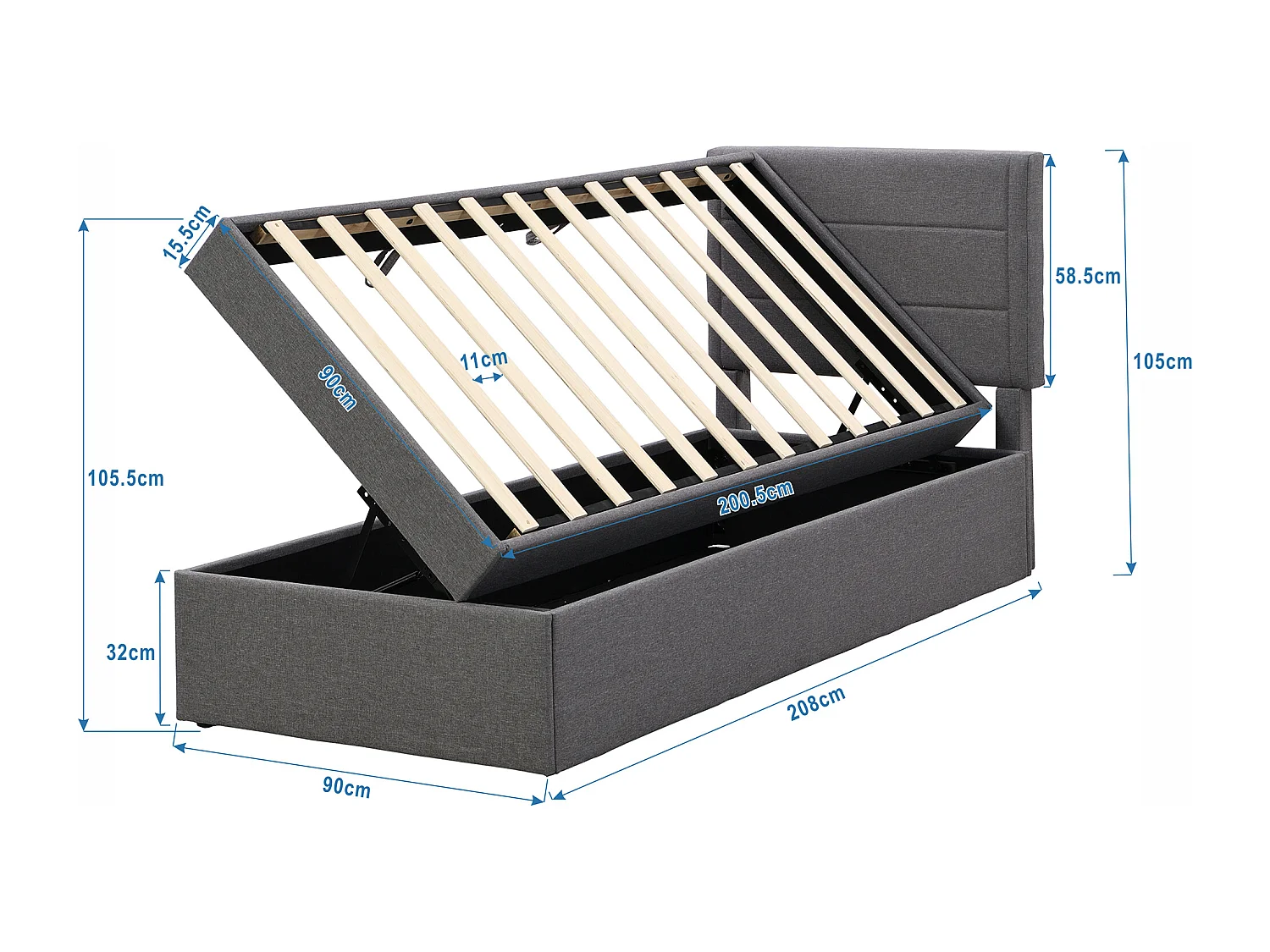 Lit coffre 90x200 cm avec grand de rangement sommier à lattes, en bois et MDF, gris (Sans matelas)